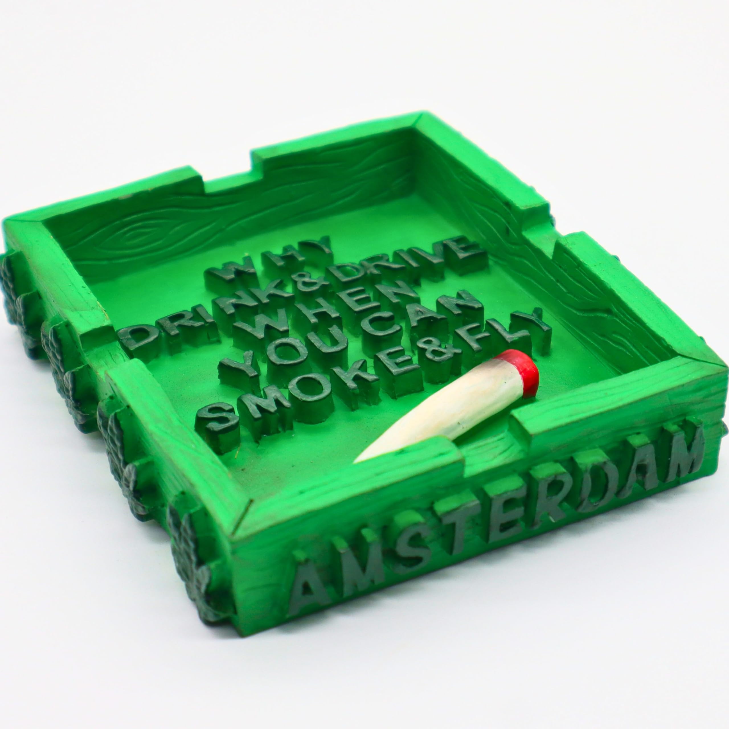 Zactly - Smoking Square Shape Unique Resin Ashtrays for Smokers, Cigarette Ashtray, Desktop Ashtray, Indoor & Outdoor Use (Smoke & Fly Green Amsterdam)