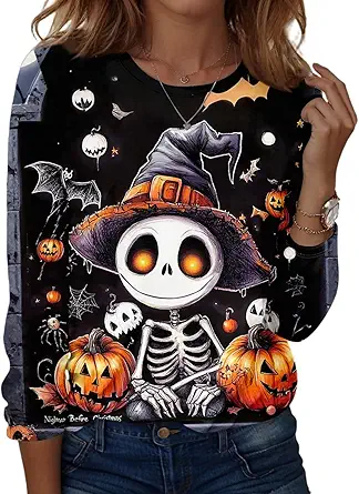 Halloween Shirts for Women Long Sleeve Plus Size Fashion Crewneck Comfortable Tshirts Halloween Costumes for Women