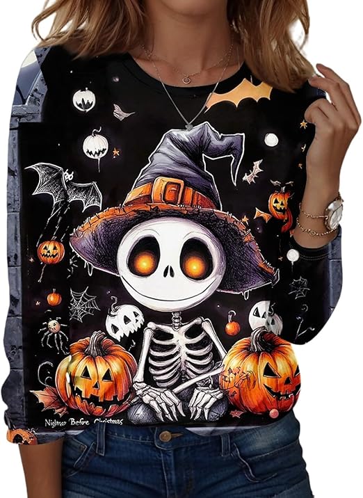 Halloween Shirts for Women Long Sleeve Plus Size Fashion Crewneck Comfortable Tshirts Halloween Costumes for Women