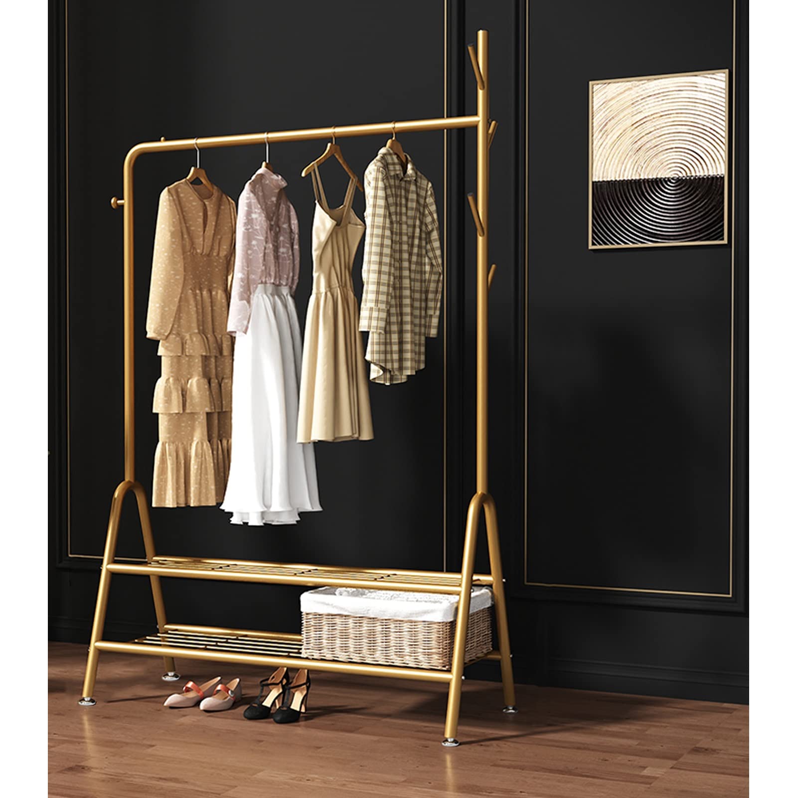 YNBSHGAA Metal Hall Tree with Hoo Multi-functal Coat Rack Freestanding Garment Hanr with 2-Tier Sto Shelves for Bedroom and Entryway nizat,Gold-80cm