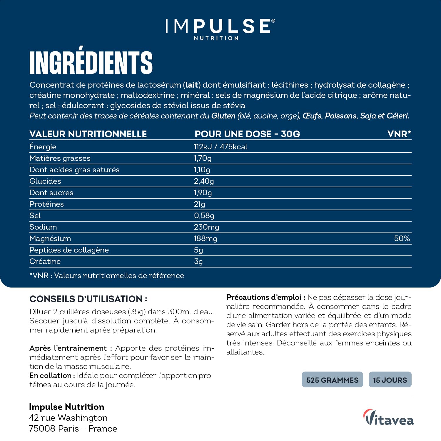 Impulse Nutrition - Whey Recovery Vanille - Complément Alimentaire tout-en-1 pour la Musculation, Récupération & les Articulations - 21g Protéine, 3g Créatine Creapure®, 5g Collagène Peptan® - 525g