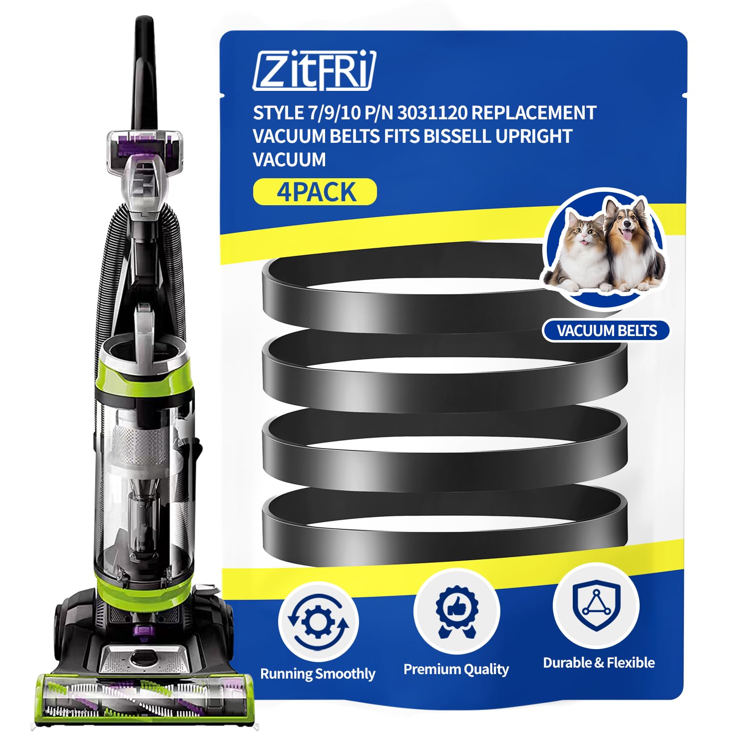 ZITFRI Vacuum Belt 4 Pack for Bissell Style 7/9/10 p/n 3031120#2031093#32074#3031123 PowerForce Helix Powerlifter CleanView Swivel Rewind Pet Vacuum Cleaner