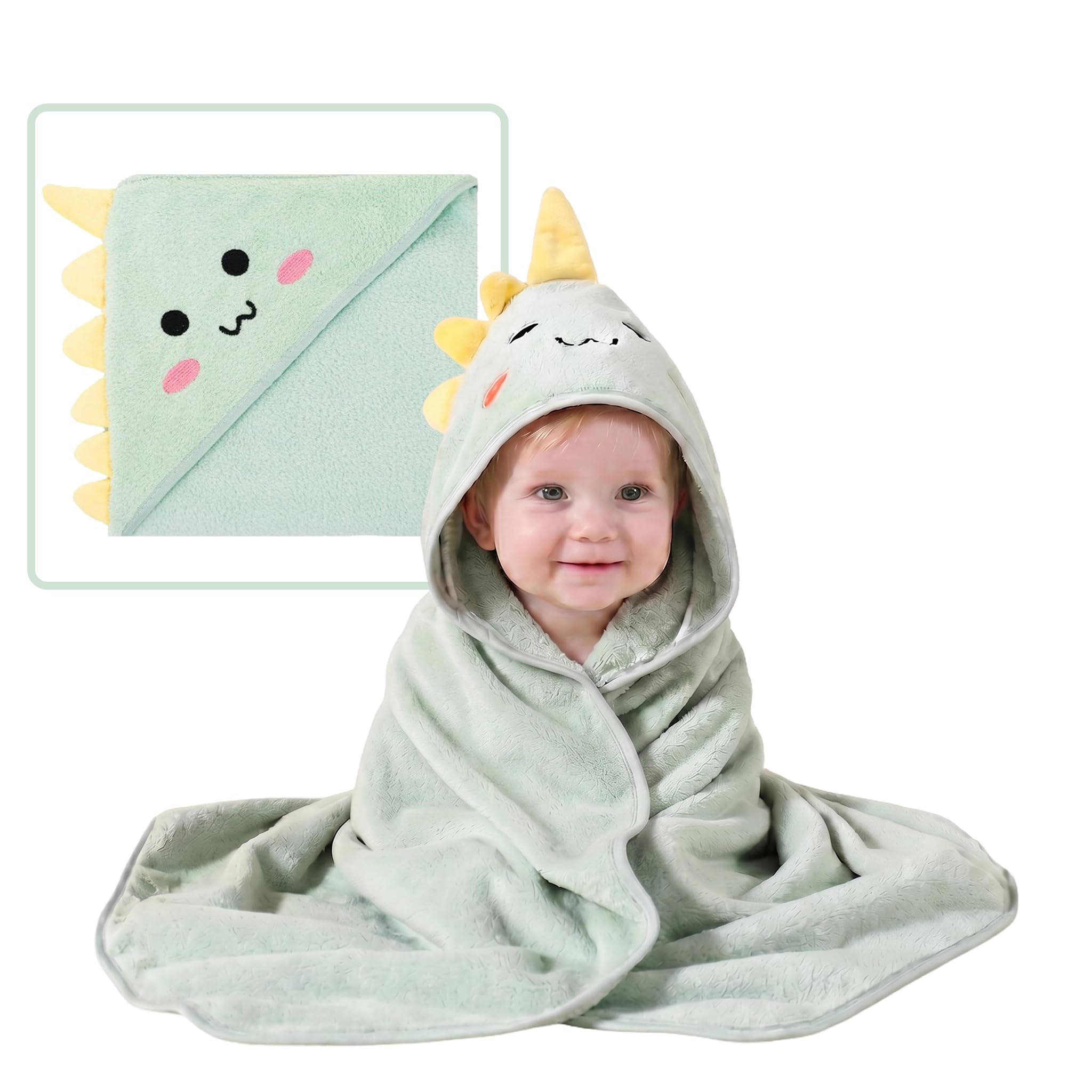 BOXIZ Adorable Children's Bathrobe, Beach Towel with Animal Motif (Elephant, Dinosaur, Dog), 80 x 80 cm, Ideal for Newborn Baby Girl Gift, Baby Bath Cape and Toiletry Bag