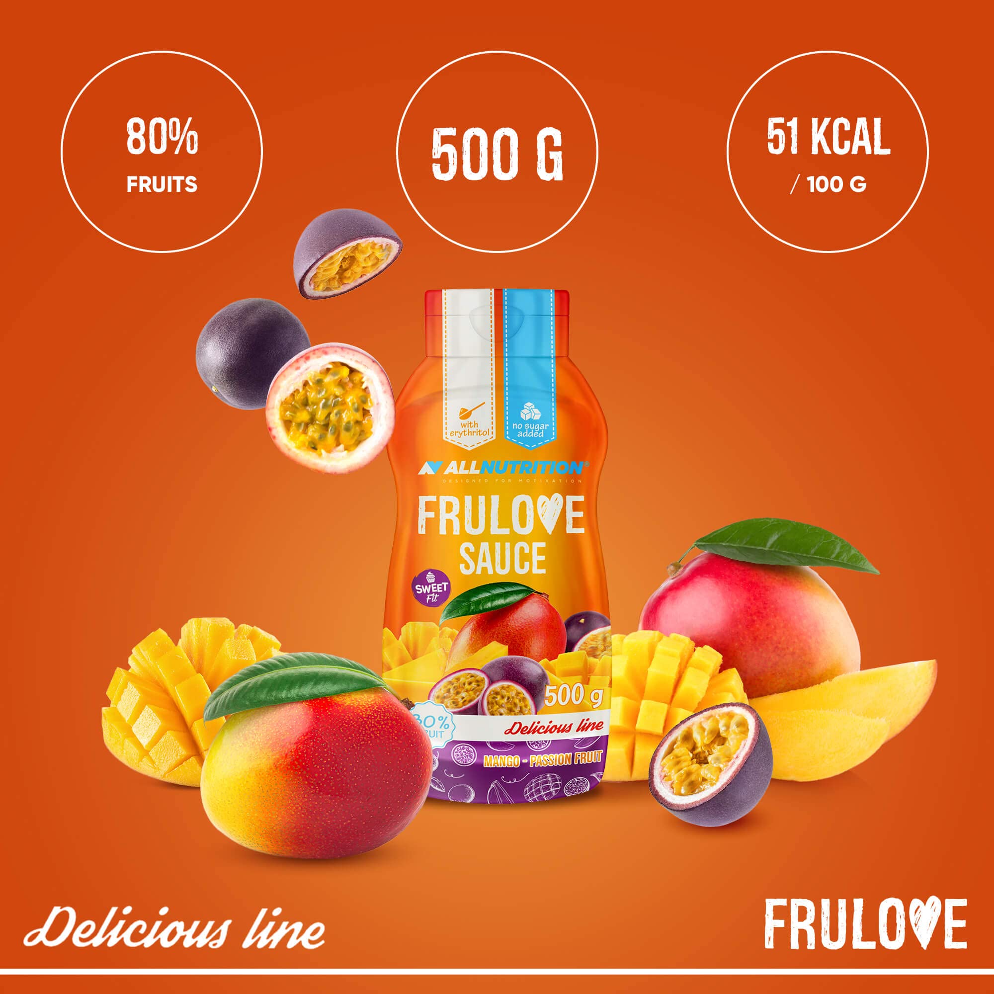 ALLNUTRITION Sweet Sauce - Sauce pour Desserts - Sirops Hypocaloriques - Dessert Nutritionnel - Faible en Calories - Collations Saines - 500 ml - Mango & Passion Fruit