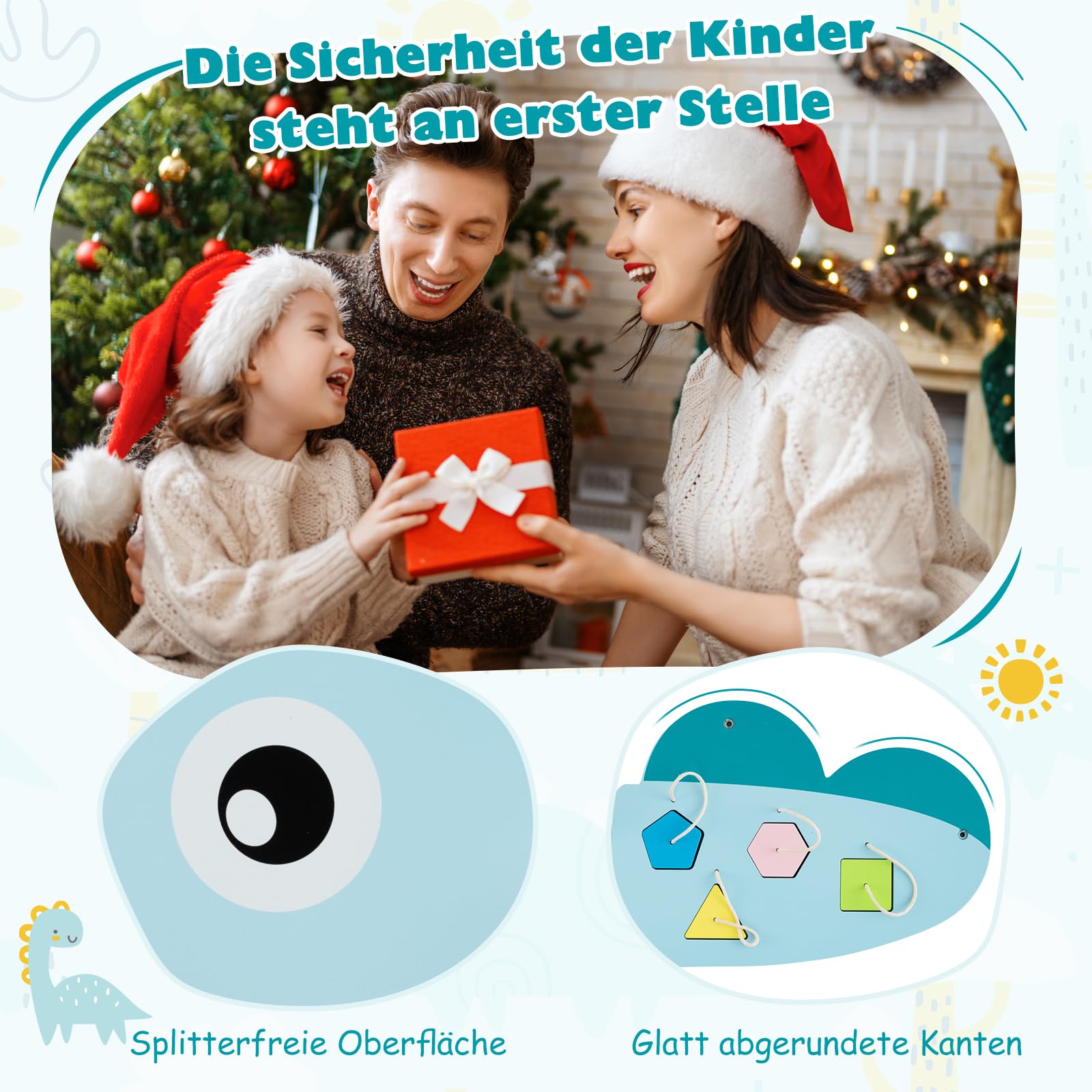 DREAMADE Montessori Busy Board, Motorikbrett aus Holz mit Blöcken & Xylophon & Zahnrädern & Uhr, Montessori Wandboard Motorikspielzeug für Kinder ab 3 Jahren (Dinosaurier-Blau)