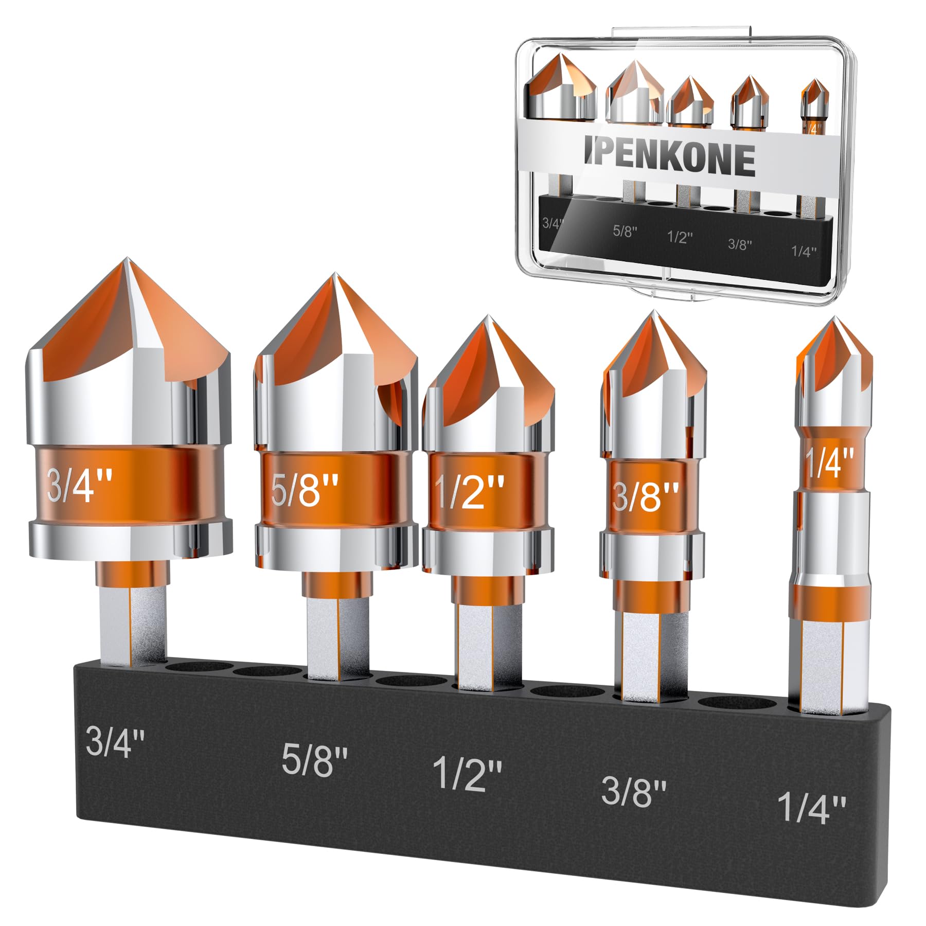 5-Piece Industrial Countersink Bit Set For M2 Steel - 82° Angle, Made By Cal-Hawk