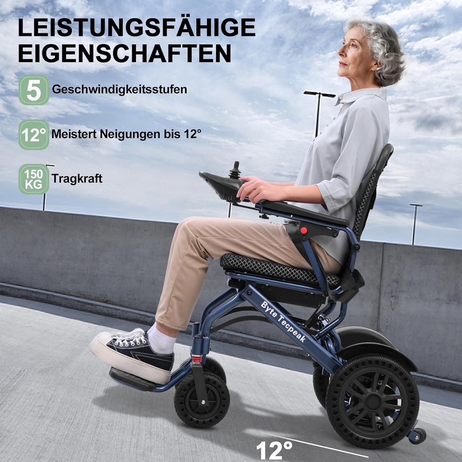 Elektrorollstuhl Faltbar Leicht, Tragbarer Elektro-Rollstuhl mit 20km Reichweite, 150kg Tragkraft, Joystick-Steuerung für Senioren Erwachsene Behinderte, Indoor Outdoor Mobilitätshilfe, Blau