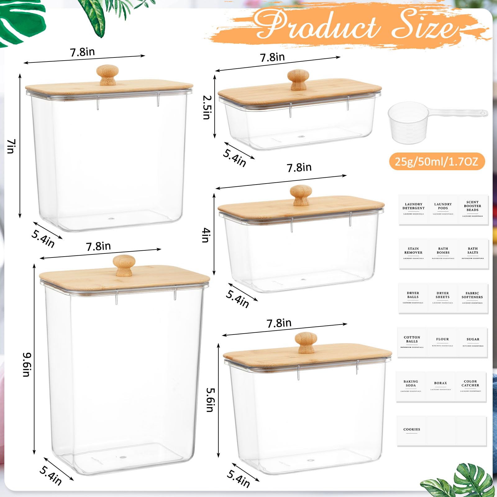 Tioncy 5 Pack Laundry Room Organization and Storage Laundry Pods Container and Dryer Sheet Holder Clothes Detergent Container Jars with Lids Labels for Detergent Scent Booster Beads(Square)