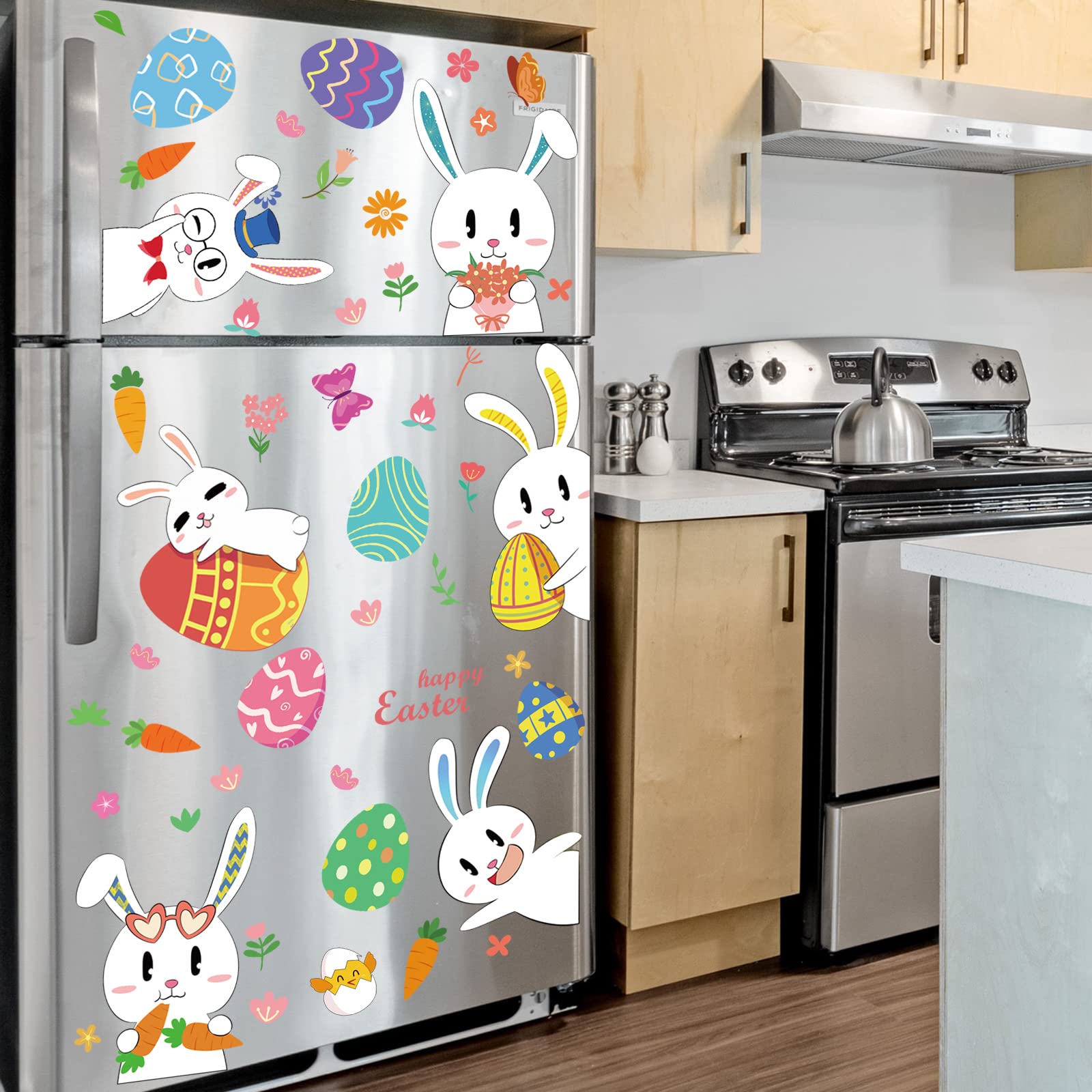 Autocollants Fenêtre Pâques Réutilisables - 8 Feuilles Stéréo - Lapins, Œufs, Fleurs - Déco Fête