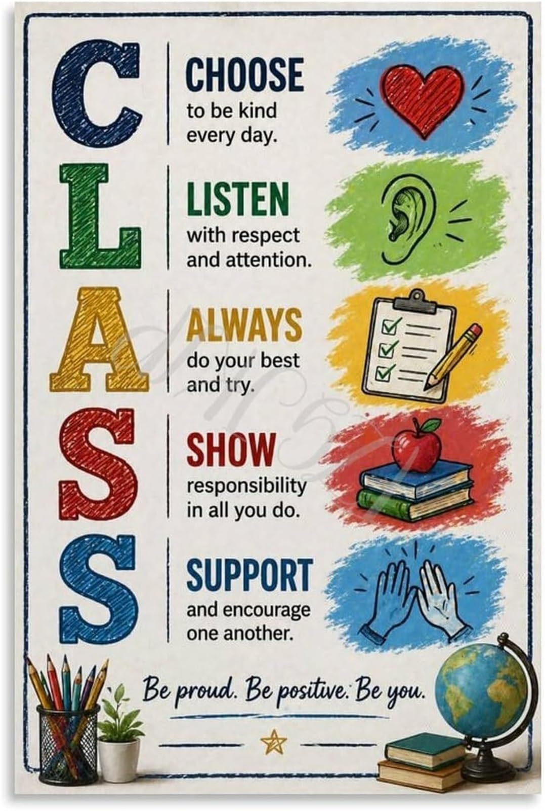EKFBQBGW Class Rules Poster Classroom Decor Educational School Wall-Art Canvas Teacher Gift