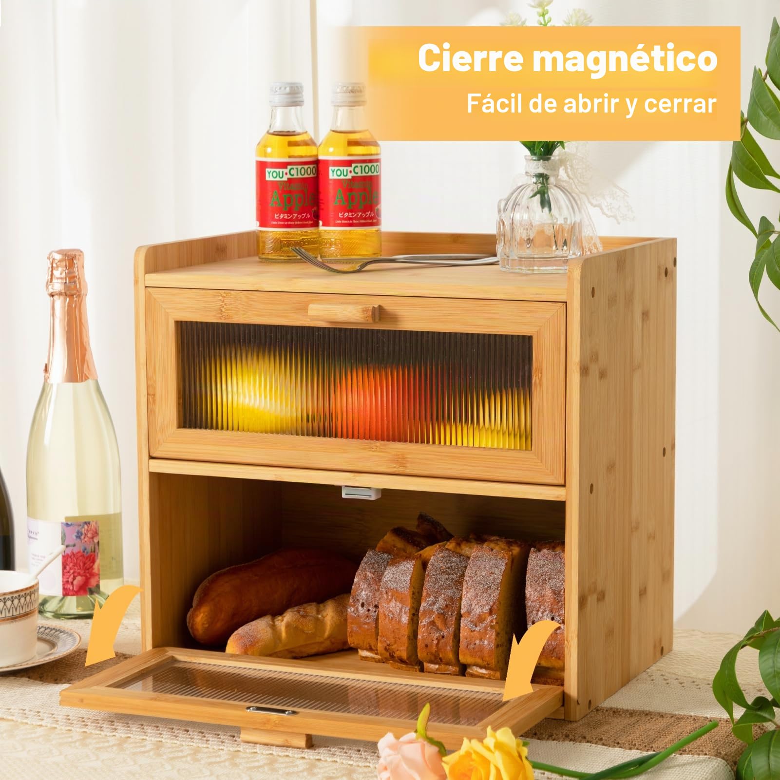 HollyHOME Panera de bambú de 2 capas con ventana de rayas acrílicas, caja de almacenamiento de pan de doble piso de gran capacidad para cocina, rectangular de 2 capas