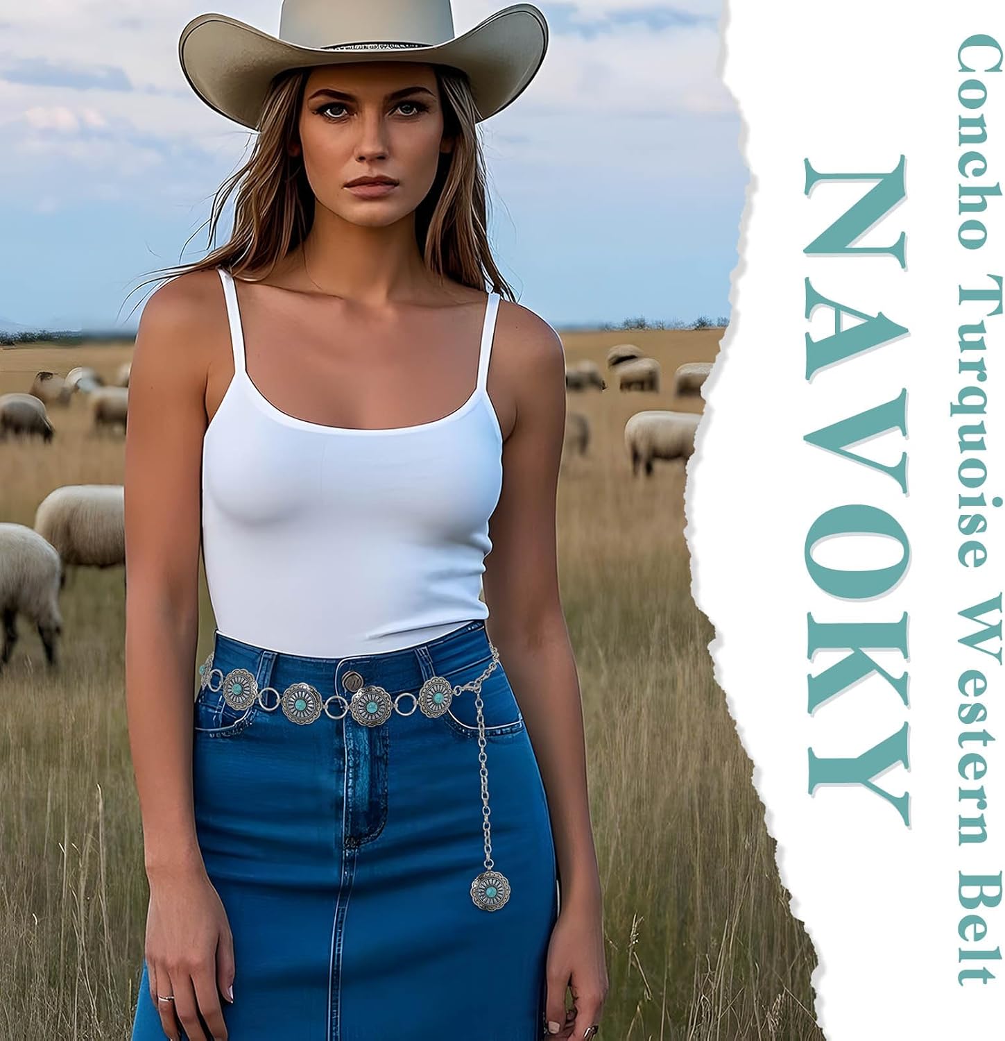 Navoky Concho Western Belt Woman Turquoise Cowgirl Waist Chain Silver Country Concert Outfit Body Jewelry Accessories - Image 6