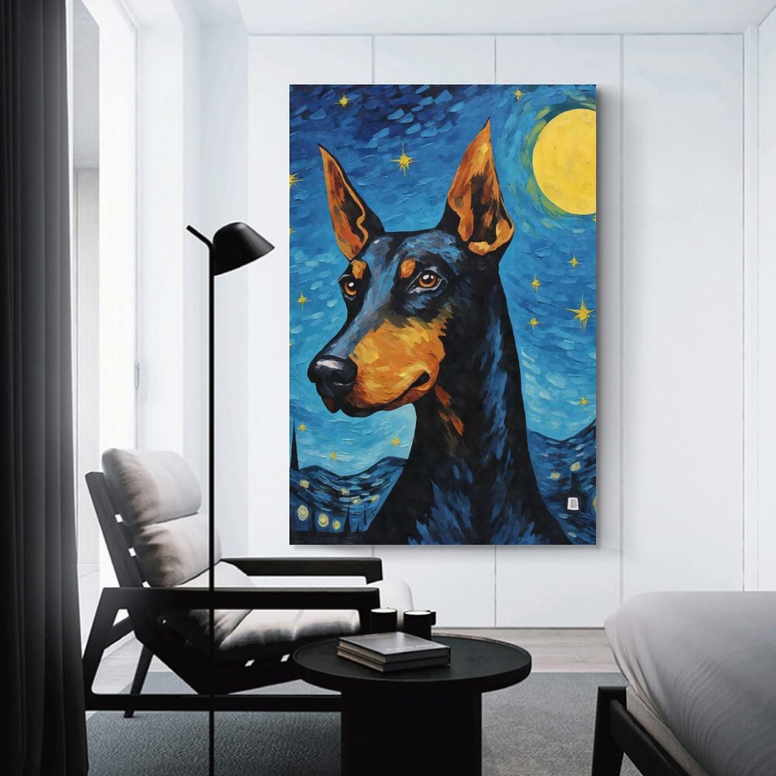 Junmoney Unframe-Style-11 Dobermann Dog Starry Night Canvas Wall Decor, 08X12inch(20X30cm), For Wall Displays, Bedrooms Or Room Updates, Wall Decor Suited To Curated Displays