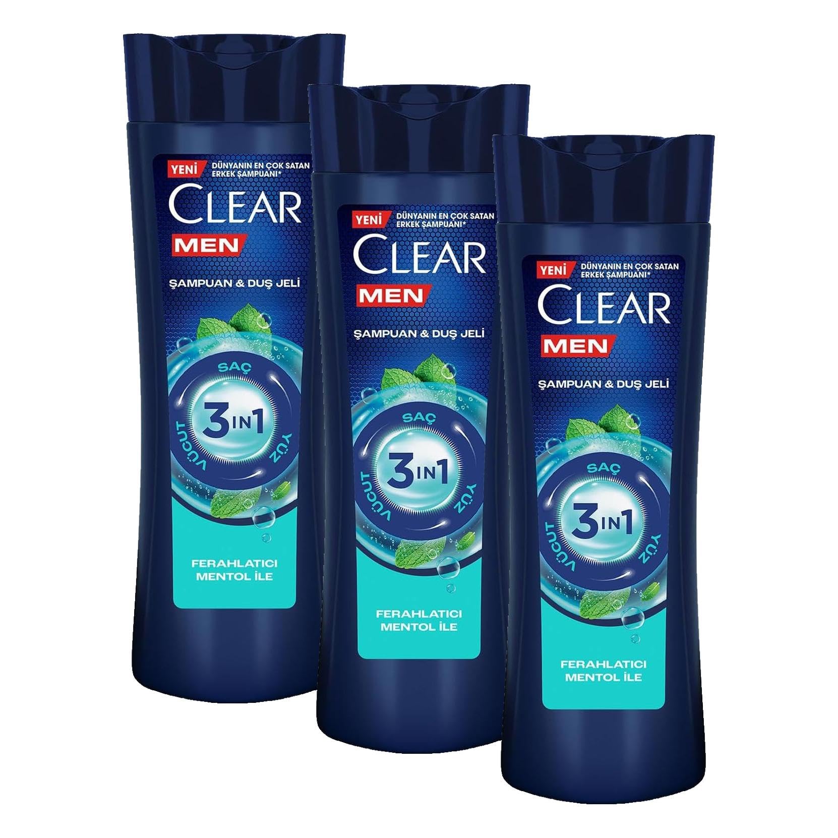 Clear Men 3 in 1 Şampuan & Duş Jeli Ferahlatıcı Mentol Etkisi Saç Yüz Vücut İçin 350 ml (3 paketi)