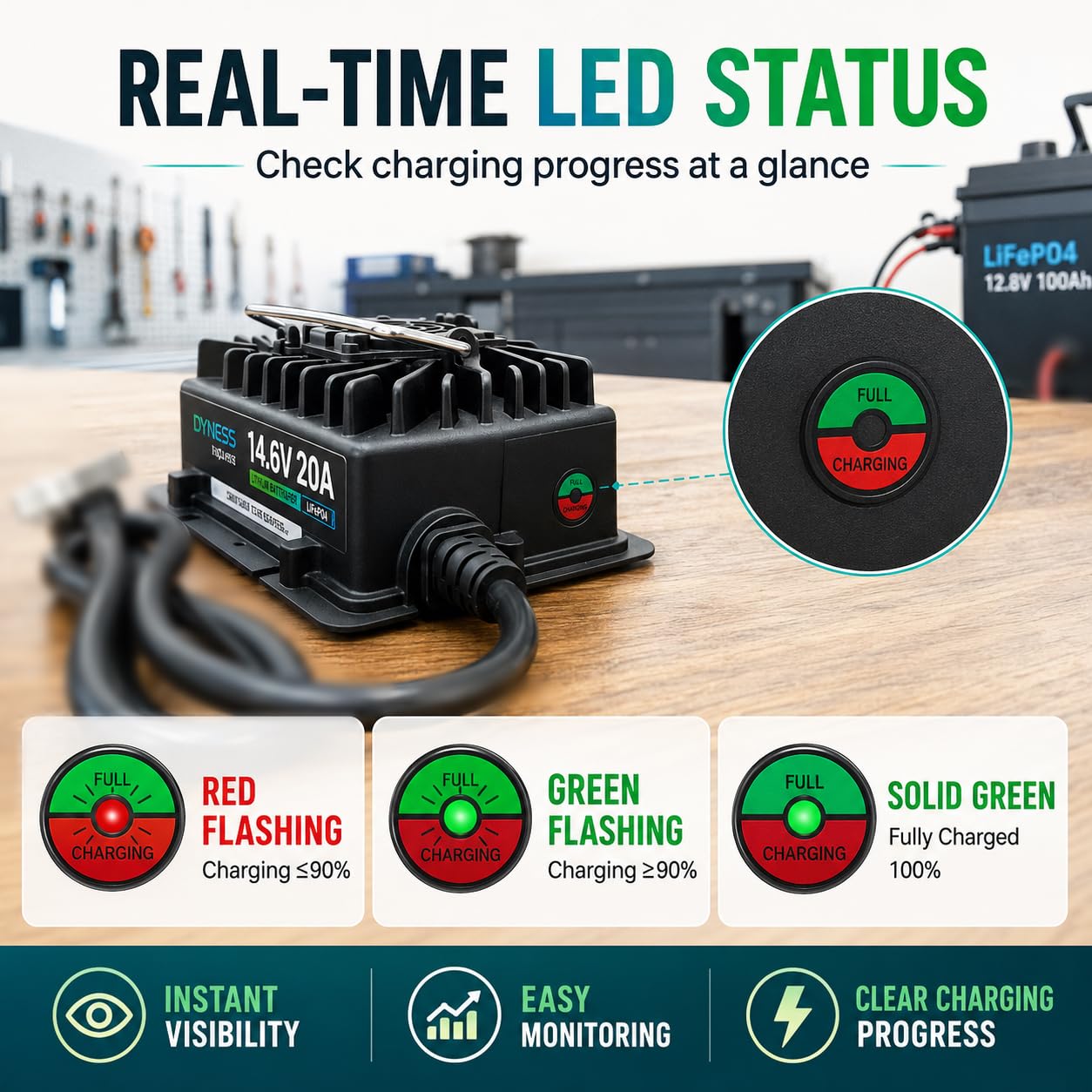 Chargeur de batterie au lithium 14,6 V 20 A, chargeur intelligent LiFePO4 étanche avec protection multiple, qualité automobile, pour batteries au lithium 12 V