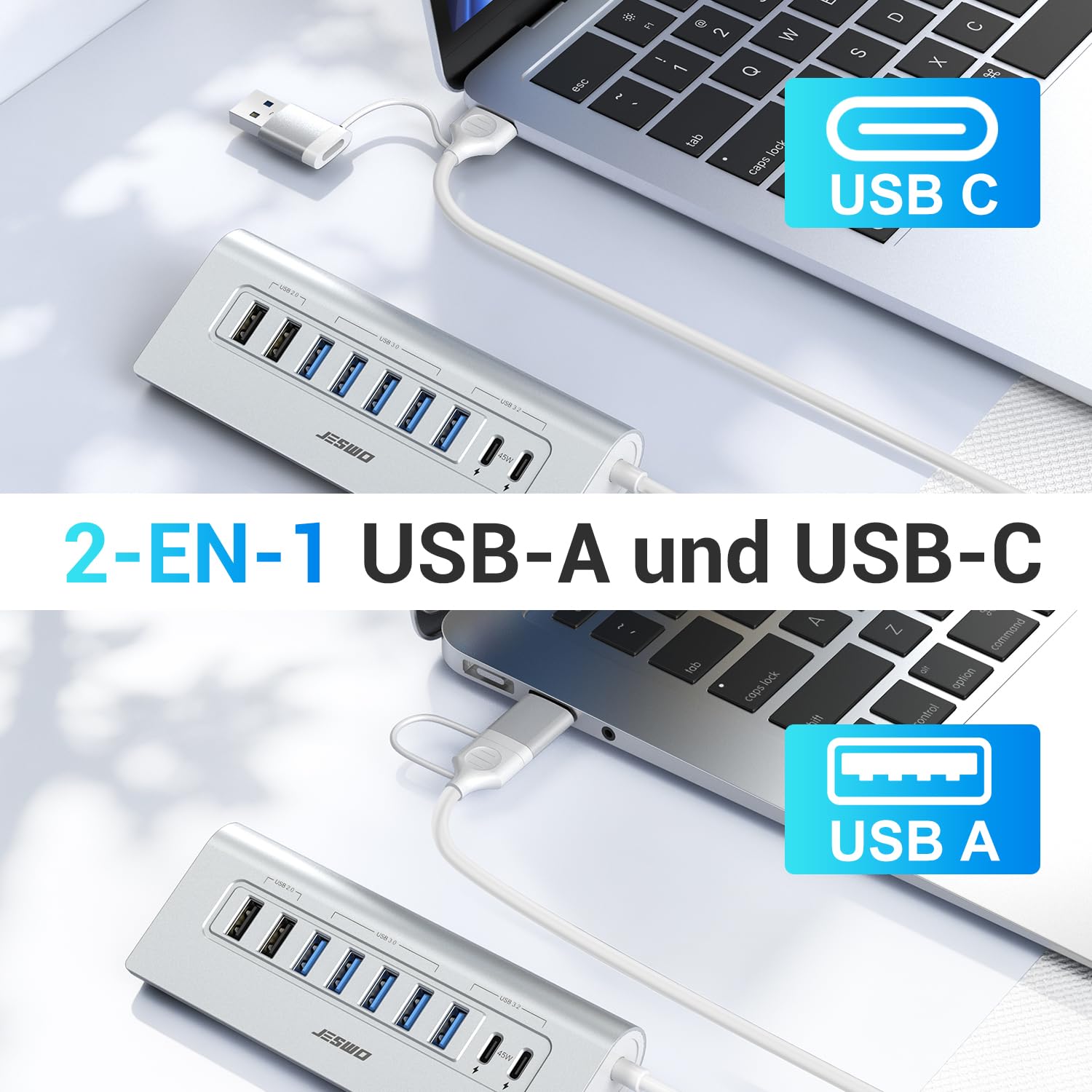JESWO 65W Hub USB C Alimenté 9 Ports(USB A+C) Aluminium Hub USB 3.2 10Gbps