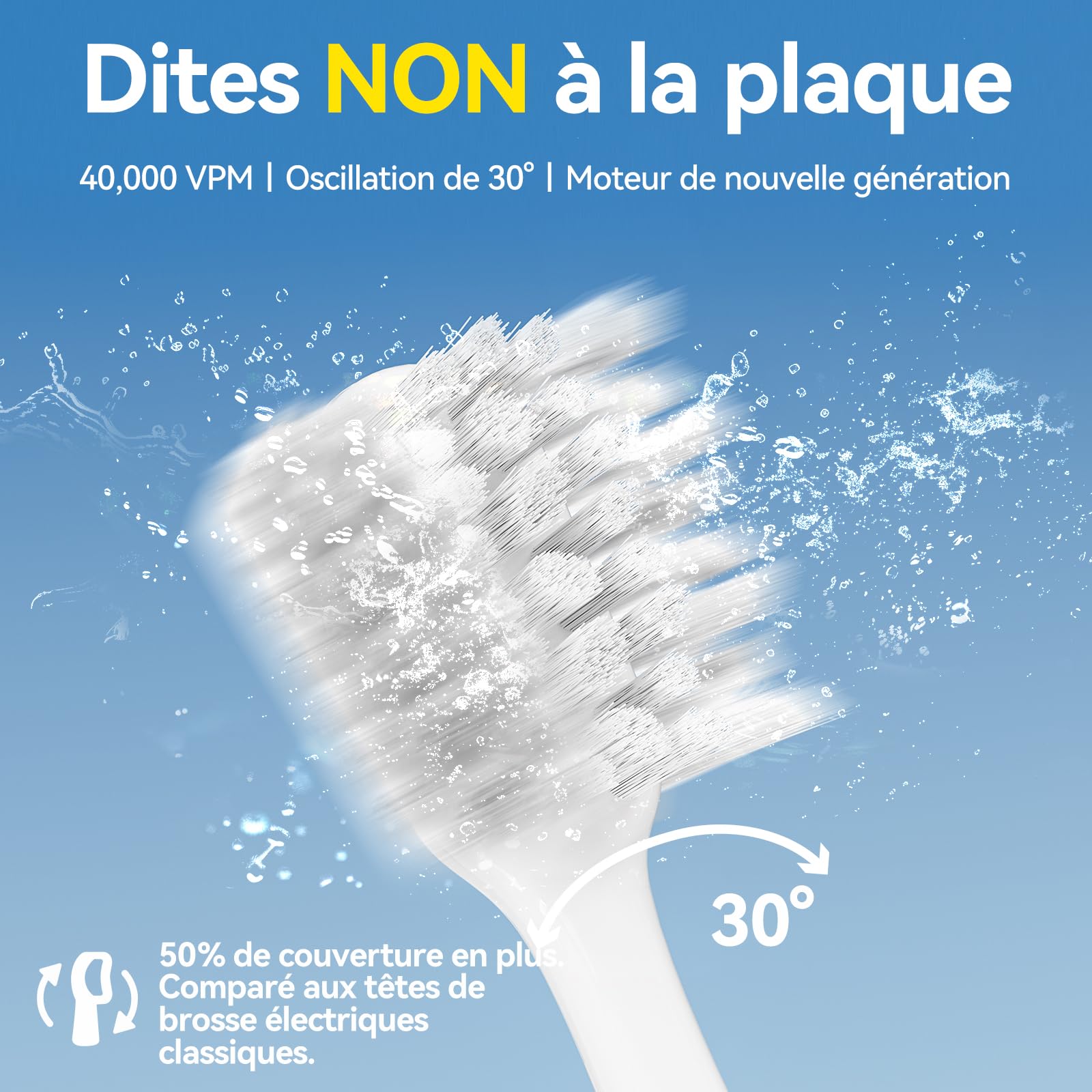 Seago brosse à dent électrique, brosse a dent sonique avec capteur de pression, 60 jours pour voyager, 8 têtes et porte brosse à dents electrique, 5 modes, IPX7, SG2782,Blanc