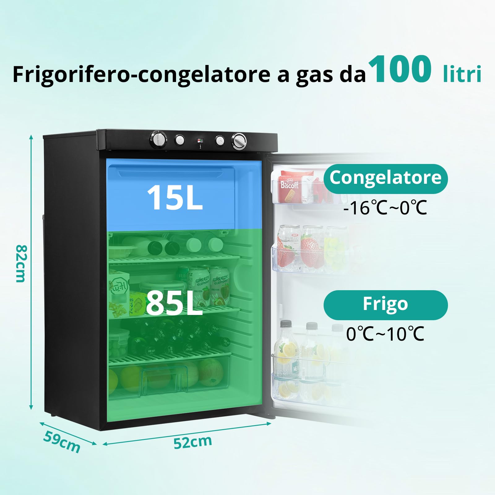 SMETA Frigorifero a gas da 95 l, con congelatore, portatile, a 3 vie, 12 V, 230 V, per camper, garage e casa vacanze, a risparmio energetico e silenzioso, con manico nero, con impugnatura