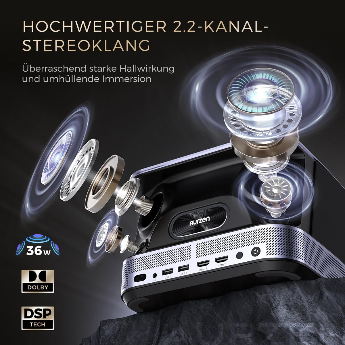 Aurzen Boom 3 Proiettore Netflix Ufficiale Dolby Videoroiettore 4K Supporta Auto Focus Keystone, Proiettore WiFi Bluetooth 500 Ansi Projector Full HD 1080P Nativo, Altoparlanti da 36 W, Nero