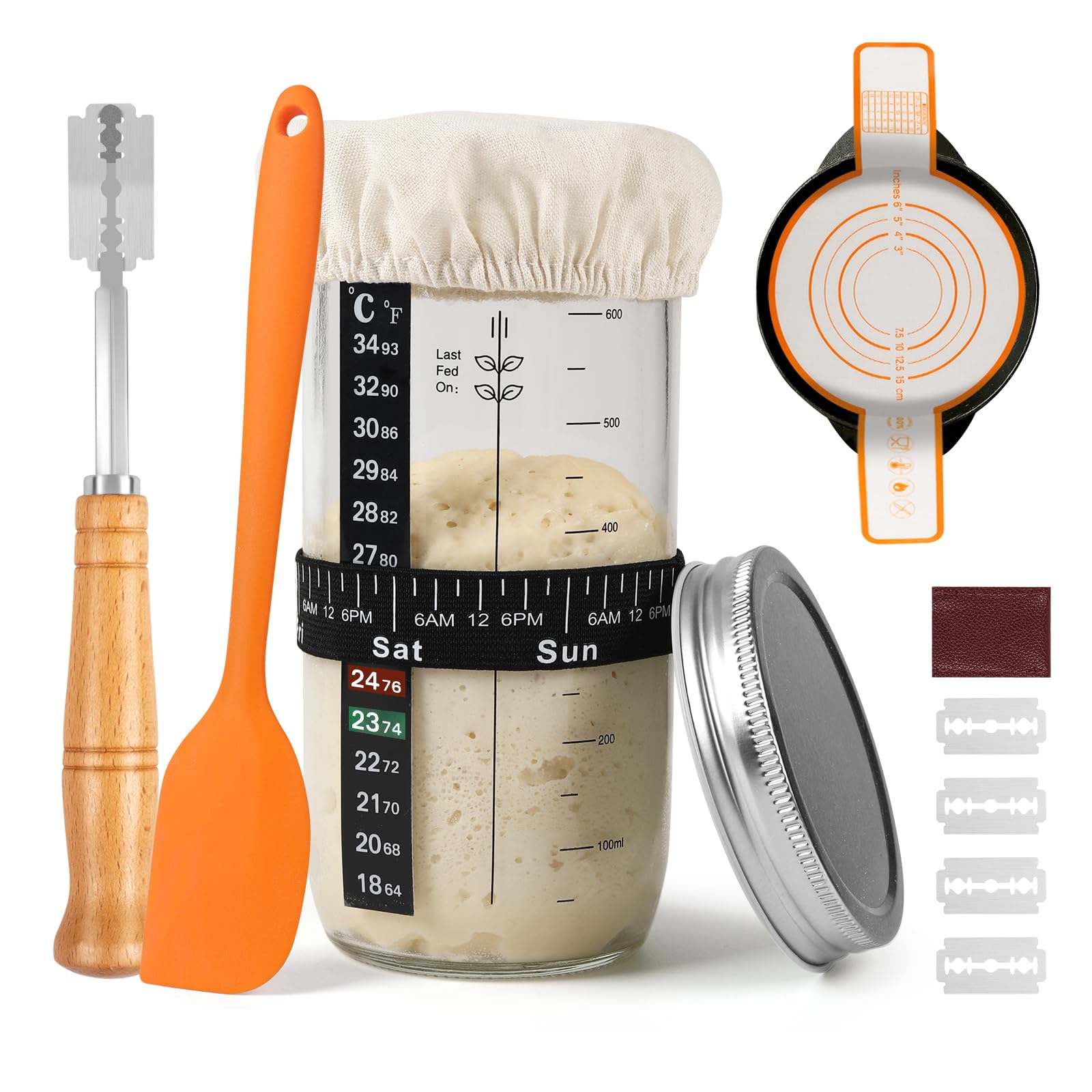 xyuayamz Kit per Starter Jar a Lievito Naturale, 730ml Kit di Barattoli per Lievito Madre Contenitore, con Spatola, Termometro, Cucchiaio Dosatore, Spazzola per Pulizia, Coperchio in Metallo(12 Pezzi
