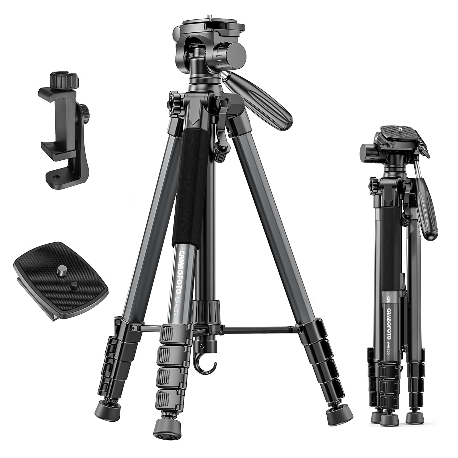 CAMBOFOTO 74" Camera Tripod, Lightweight Aluminum Tripod Stand for DSLR/Small Camera/Phone, Portable Travel Tripod with Pan Head, 1/4" Universal Quick Release Plate，Phone Holder & Carry Bag, Black