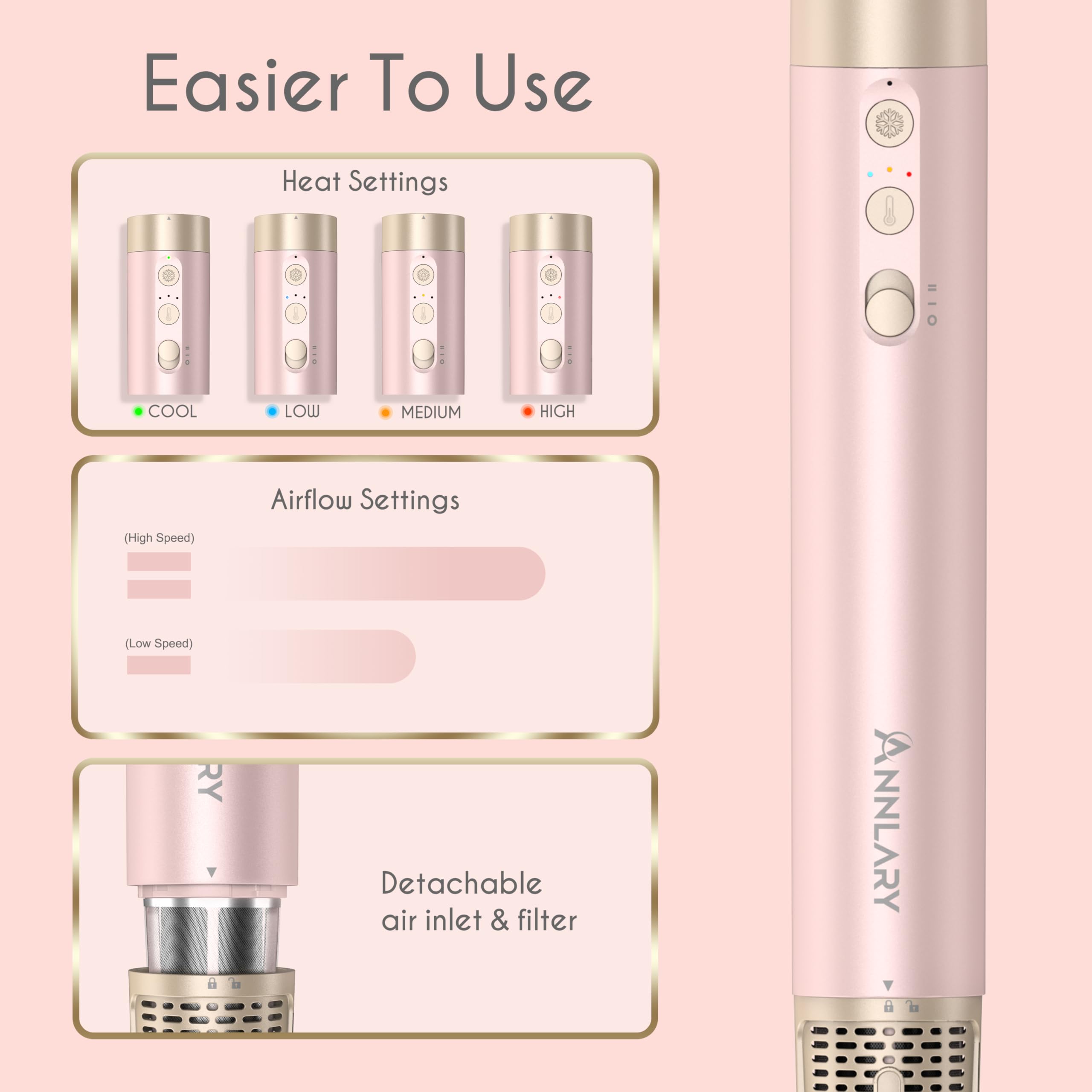 5 in 1 Ionic Hot Air Styler, 1400W Powerful Hair Dryer Brush, Auto-Wrap Curlers, Paddle Brush for Fast Drying, Volumizing with Travel & Storage Bag Compatible with Dyson Airwrap