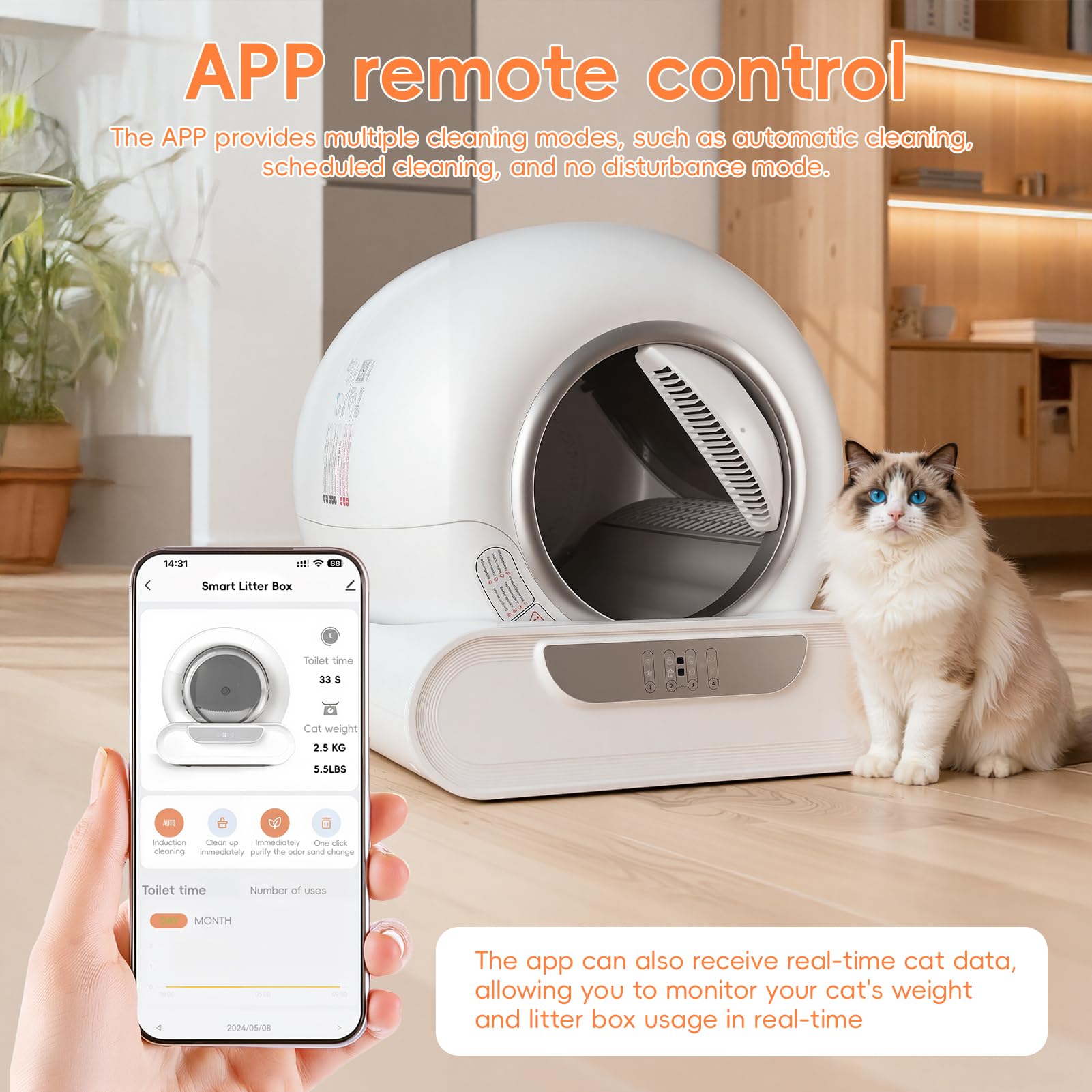 Lettiera per gatti autopulente da 65 l, con controllo app, lettiera chiusa automatica, capacità extra large, 9 kg, sicurezza anti-pizzicamento, controllo avanzato degli odori (bianco)