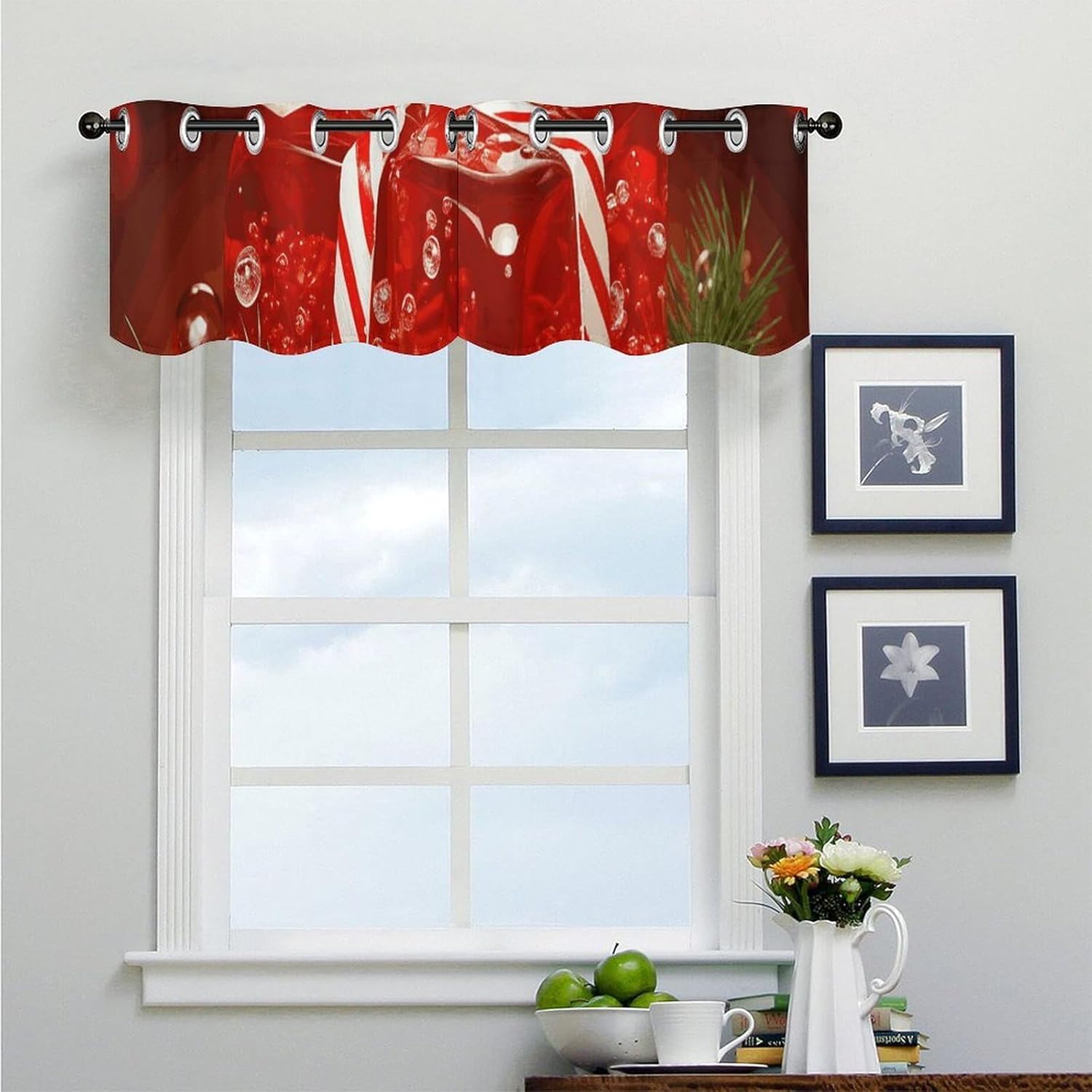 Red Christmas Candy Valances for Window 2 Panels. Light Filtering Curtains Farmhouse Short Small Valance.Modern Curtains for Windows Living Room Kitchen Over Sink.