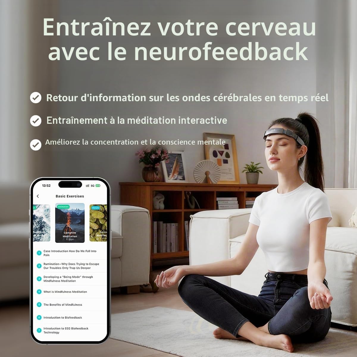Bandeau de méditation, dispositif de neurofeedback EEG, retour audio et visuel en temps réel pour l'entraînement à la méditation | Suivi des ondes cérébrales Alpha, Beta, Gamma, Theta