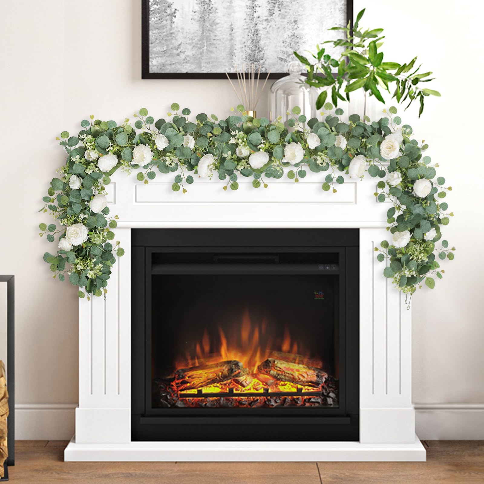 SOMYTING 4 Pcs 26.2FT Artificial Eucalyptus Flower Garland with Fake Rose Flower Vine Seeded Eucalyptus Leaves Greenery Garland for Wedding Table Backdrop Party Centerpiece Room Decor (White) - Image 4