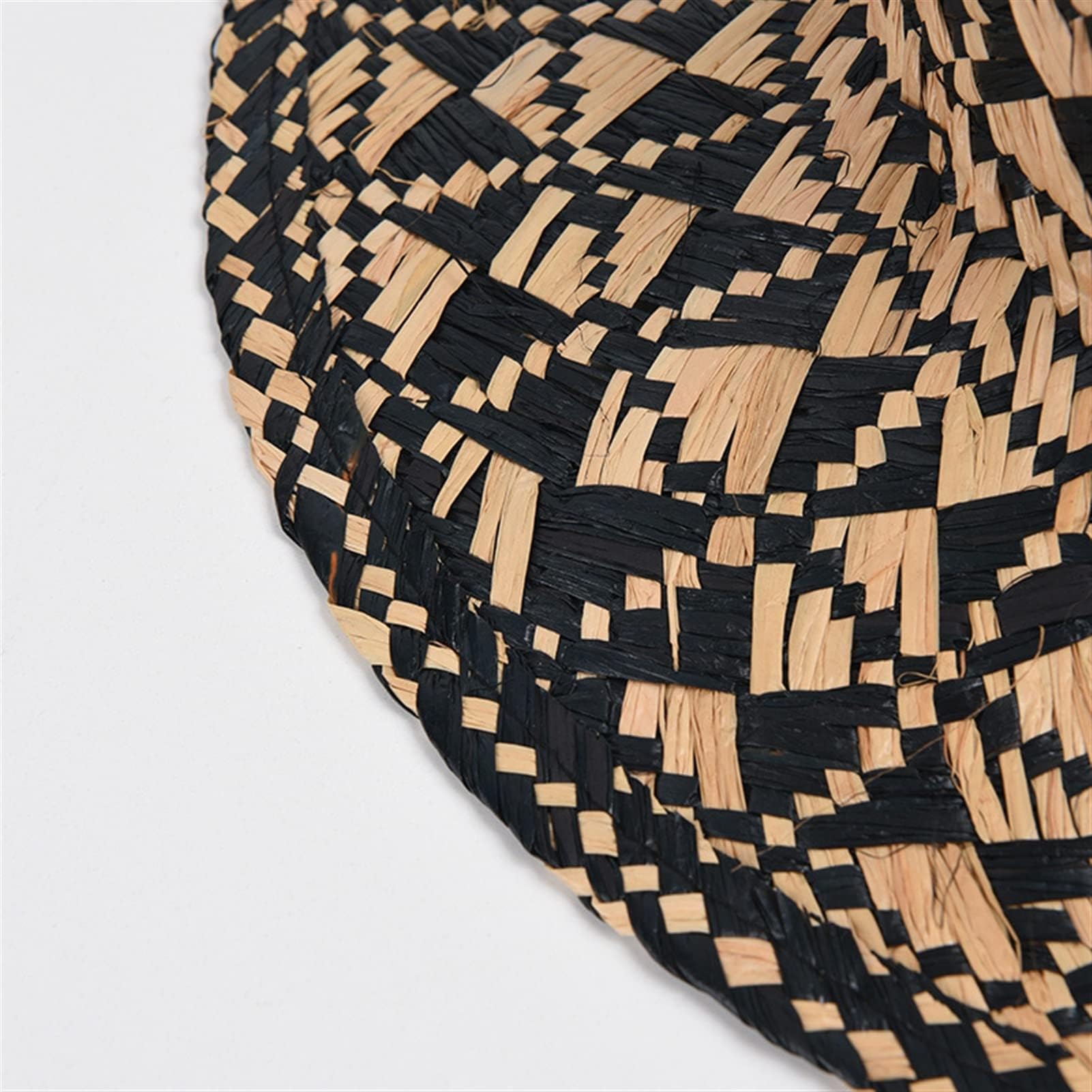 Sombrero para el Sol de Paja con diseño geométrico de Rafia para Mujer, Tejido a Mano, con Rayas, para Playa, con protección UV para Vacaciones de Verano (Negro, Talla única)