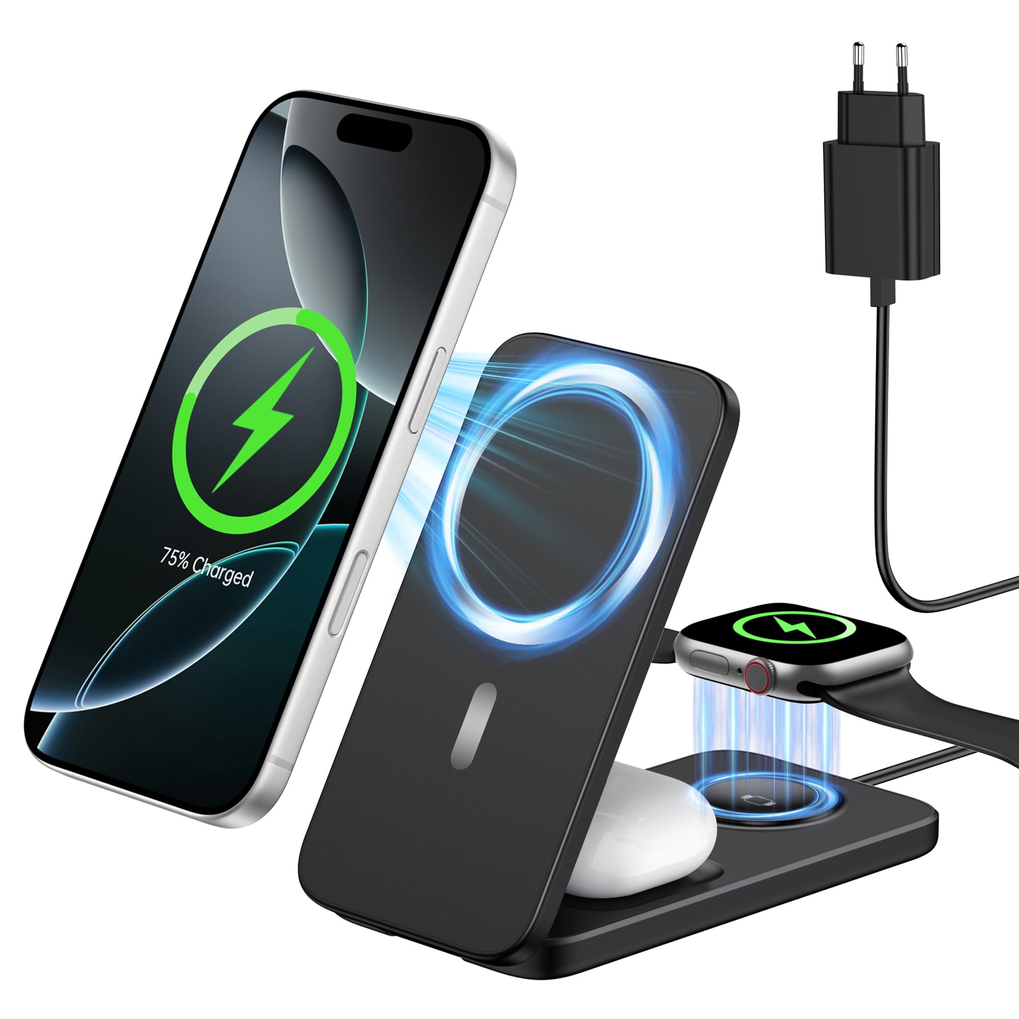 Caricatore Wireless Magnetico 3 in 1 per iPhone, Apple Watch e AirPods | Compatibile MagSafe per iPhone 17/16/15/14/13/12, Apple Watch e AirPods, stazione di ricarica pieghevole per viaggio