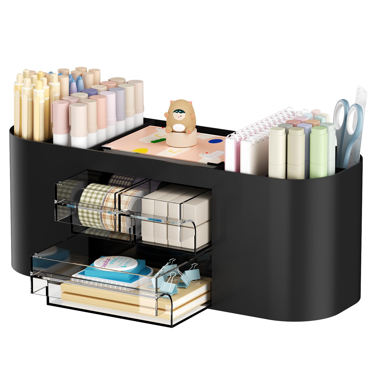 Marbrasse Desk Organizer Pen Holder with 3 Drawers, Multi-Functional Pencil Holder,Desk Organizers and Accessories with 7 Compartments for Home, School, Classroom (Black)