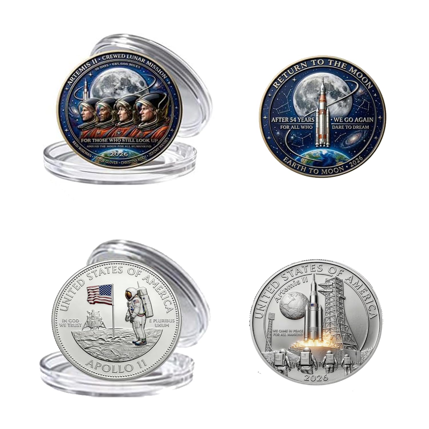 Artemis II Lunar Mission & Apoollo 11 Commemorative Coin, 3D Printed Double-Sided Space Collectible Souvenir, Around The Moon Display Keepsake Gift for Astronomy Enthusiasts and Collectors (A+B 2PCS)