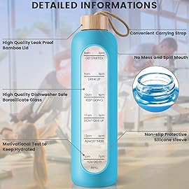 PROBTTL 32 Oz Borosilicate Glass Water Bottle with Time Marker Reminder Quotes, 1 Liter Leak Proof Reusable BPA Free Motivational Water Bottles with Silicone Sleeve and Bamboo Lid (Sky Blue)