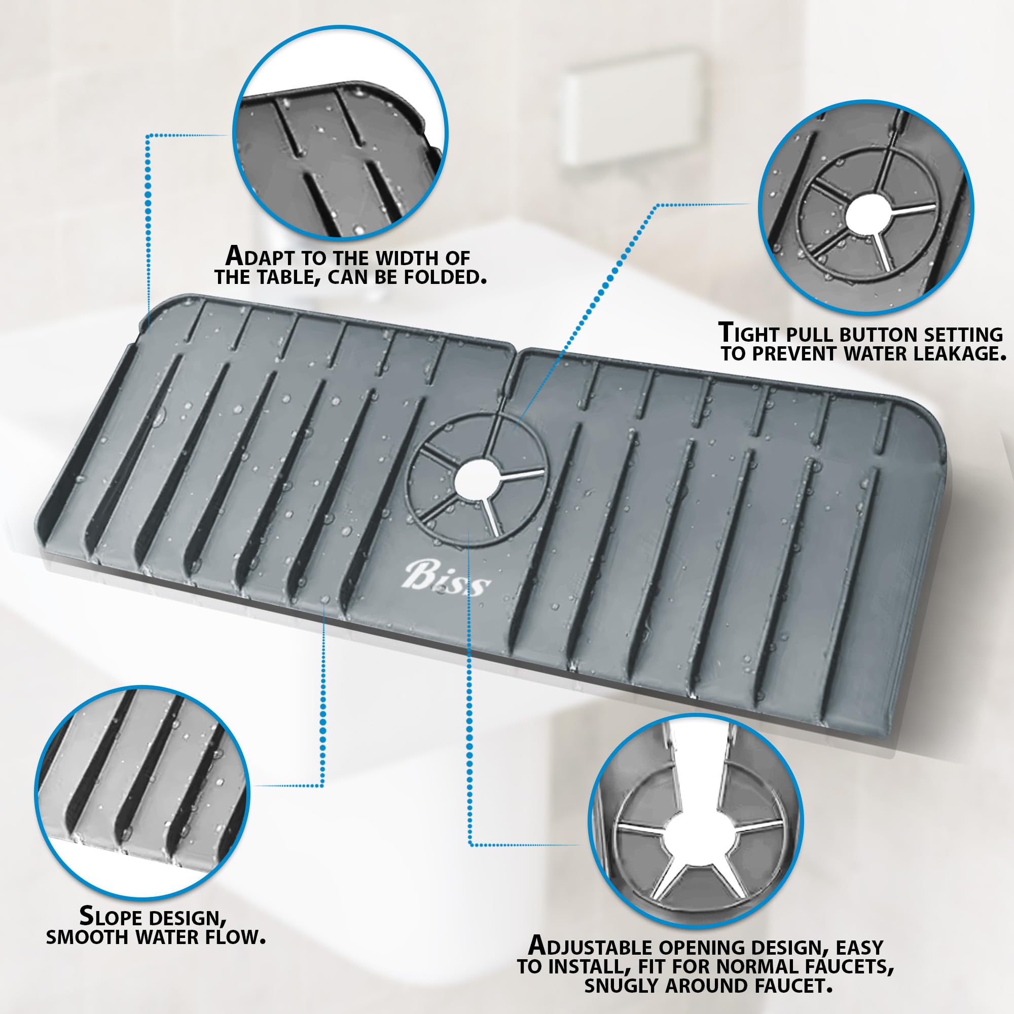 BISS Silicone Kitchen Sink Splash Guard and Organizer - Food Grade, Quick Draining, Easy to Clean, Multi-Use for Kitchen, Bathroom, Laundry, Kitchen Sink Mat (Grey)