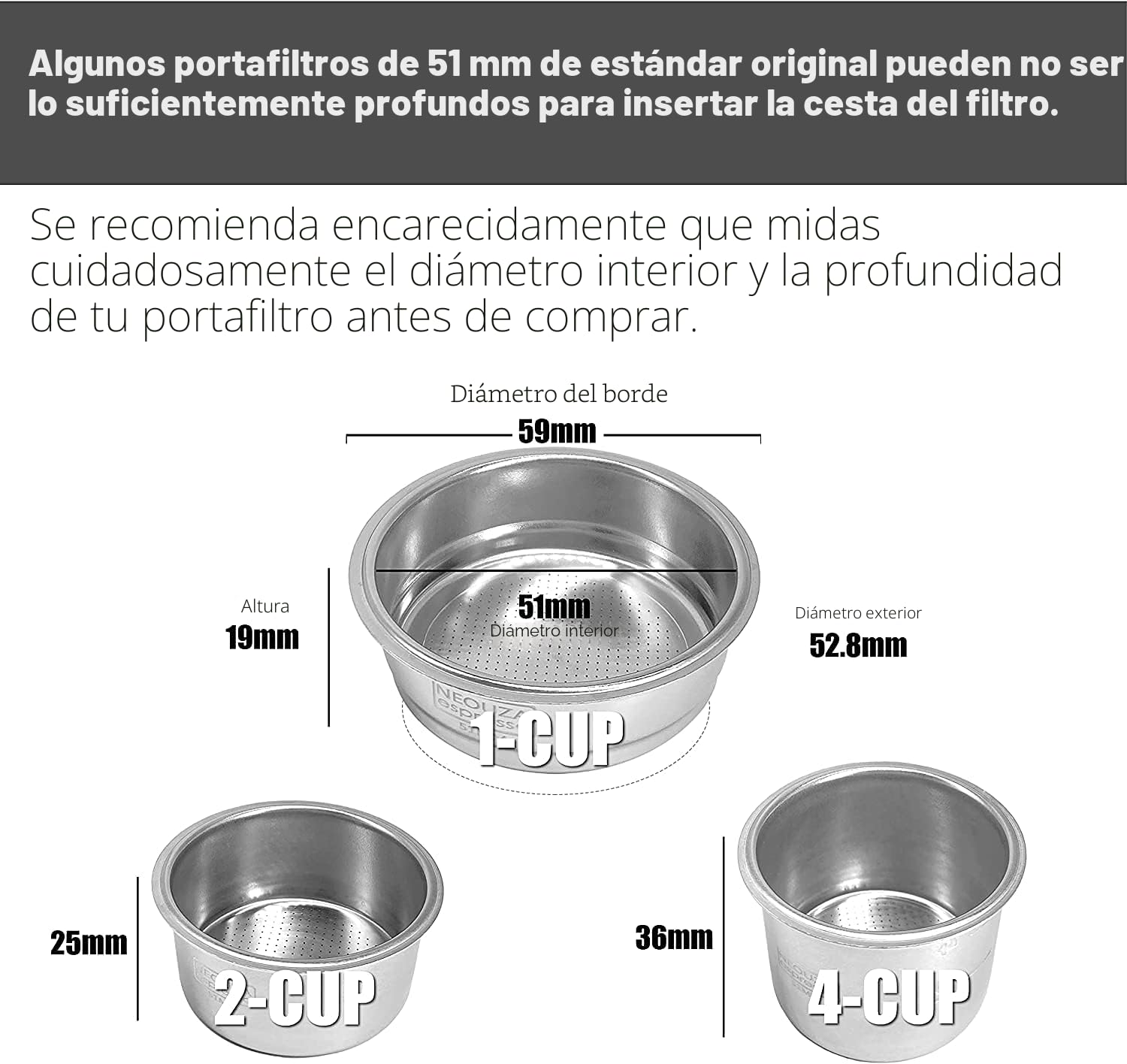 NEOUZA Cesta tamiz de filtro de acero inoxidable 304 de 51mm, 1/2/4 tazas, cesta ciega de retrolavado para portafiltro sin fondo, compatible con máquina de café espresso Delonghi, Breville (1 taza)