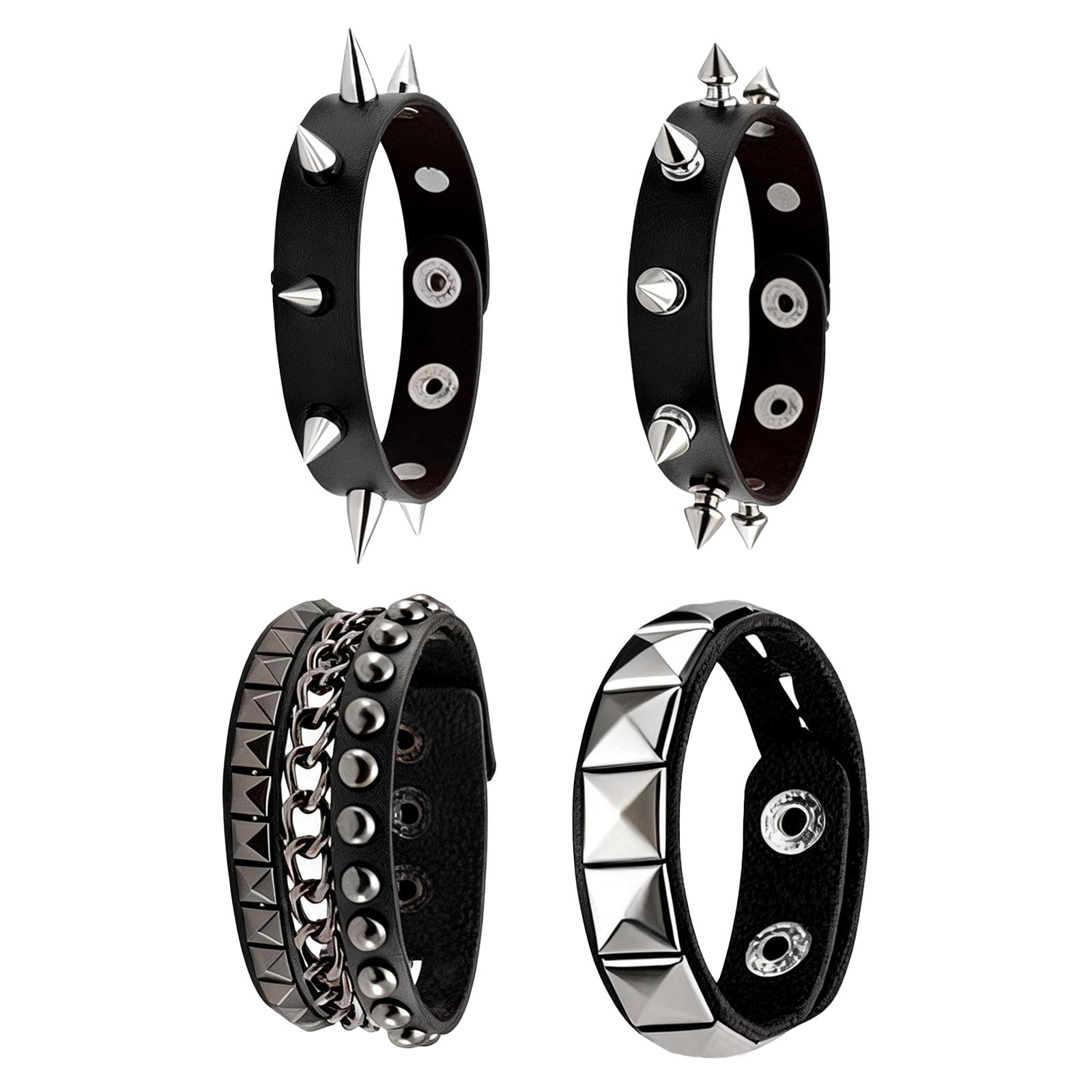 LifgWas 4 piezas de joyería gótica, pulseras punk, pulsera de cuero para hombre y mujer, pulsera de cuero negro, brazalete gótico con remaches de clavos