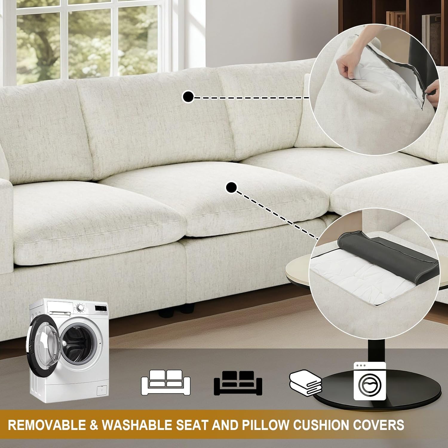 Cloud Sectional Couches for Living Room,5 Seater Filled-Down Comfy Sofa,Detachable Couch Cushion Covers,V Shaped Minimalist Deep Sofa Modular Sectional Sofa,Cream White-Linen