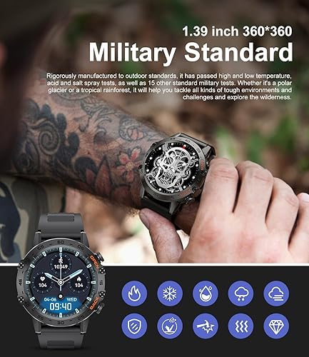 Miniatura 4 de Reloj inteligente militar para hombre (respondermarcar llamadas), 100 modos deportivos, reloj de fitness impermeable de 5 ATM con frecuencia