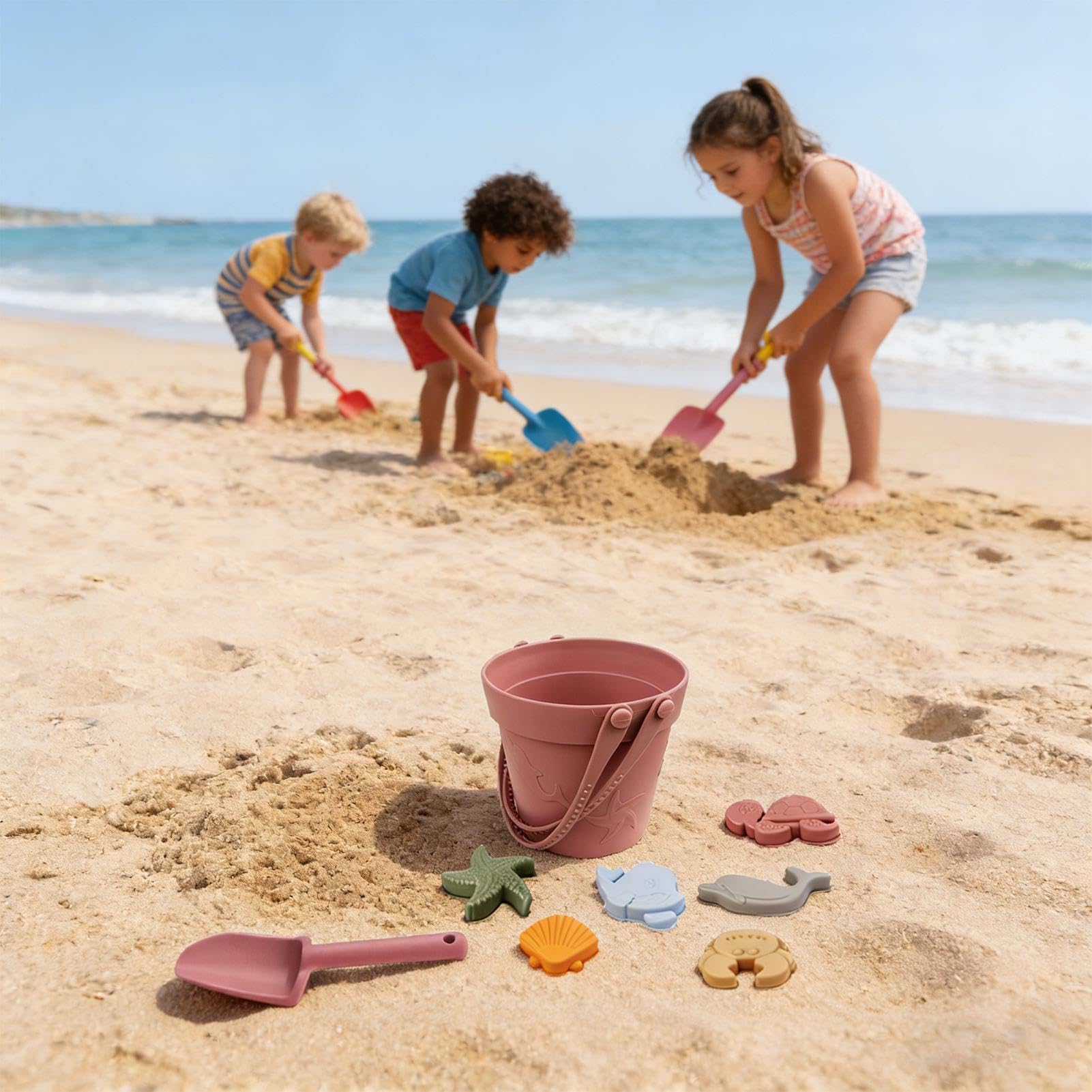 Jeux de Plage Seau pelle et moules en silicone