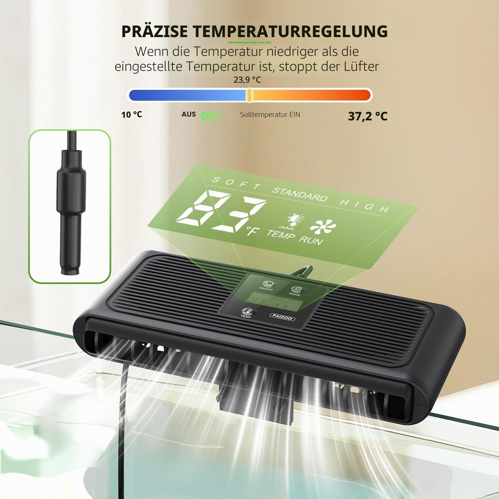 PAIZOO Aquarium-kühlventilator, Aquarium-Kühler Mit Temperatursonde Und LCD-Display, Automatischer Temperaturregelung 3 Geschwindigkeitsmodi, Axolotl-Kühler, 6,4 W