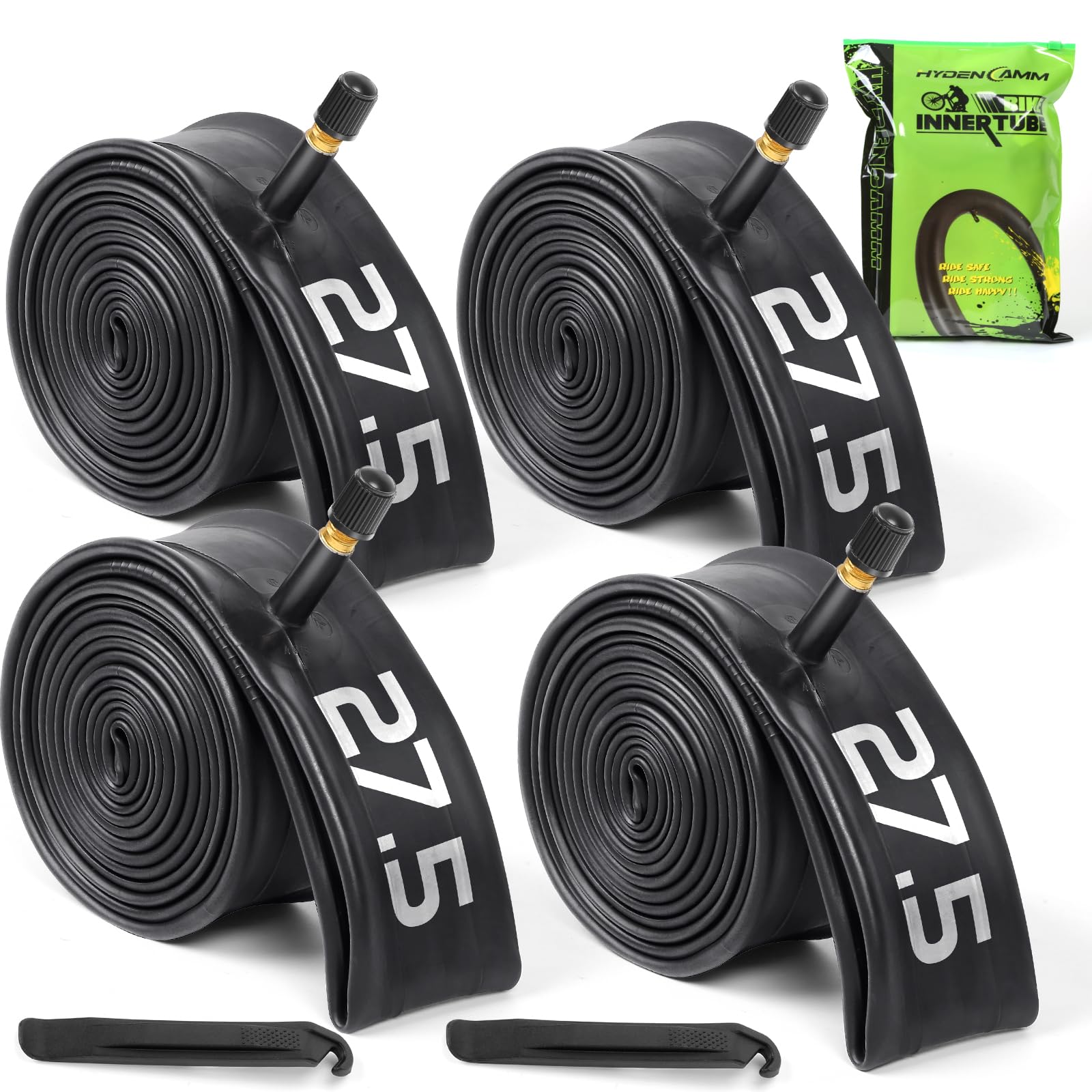 Photo 1 of Hydencamm 4 Pack 27.5 Inch x 1.75/1.95/2.10/2.125 Bike Tubes with 32mm AV Schrader Valve, 27.5 Bike Tube with 2PCS Levers, 27.5 x 2.10 Mountain Bike Tube Compatible with MTB, Mountain, Road Bikes