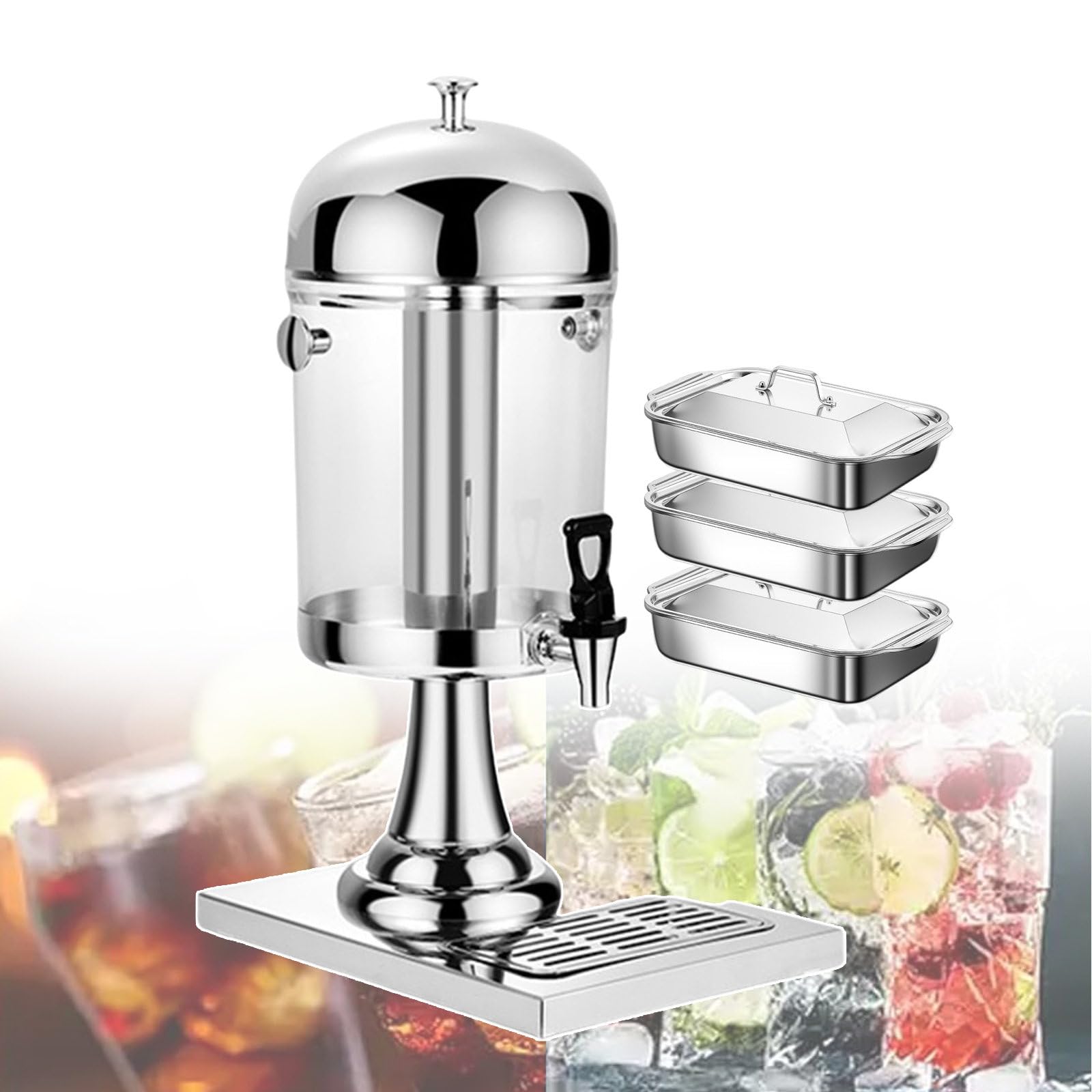 asdchZen 8L Drink Dispenser For Parties, Beverage Dispenser With Tap, Stainless Steel Juice Dispenser With Stand - Hot And Cold Dual-Purpose For Buffet Catering Drinks - 3 X Baking Tra,Silver
