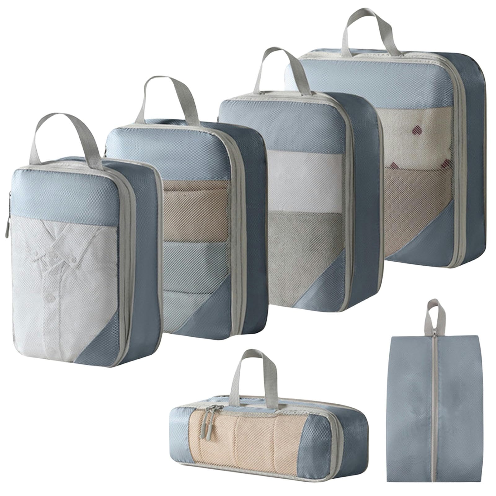 Kostki do pakowania 5 6 szt. Podróżny przenośny organizer do bagażu Torby do przechowywania Pakowanie kompresyjne Torby na buty Z siatką Lekka składana torebka Pouch-6pcs-grey2