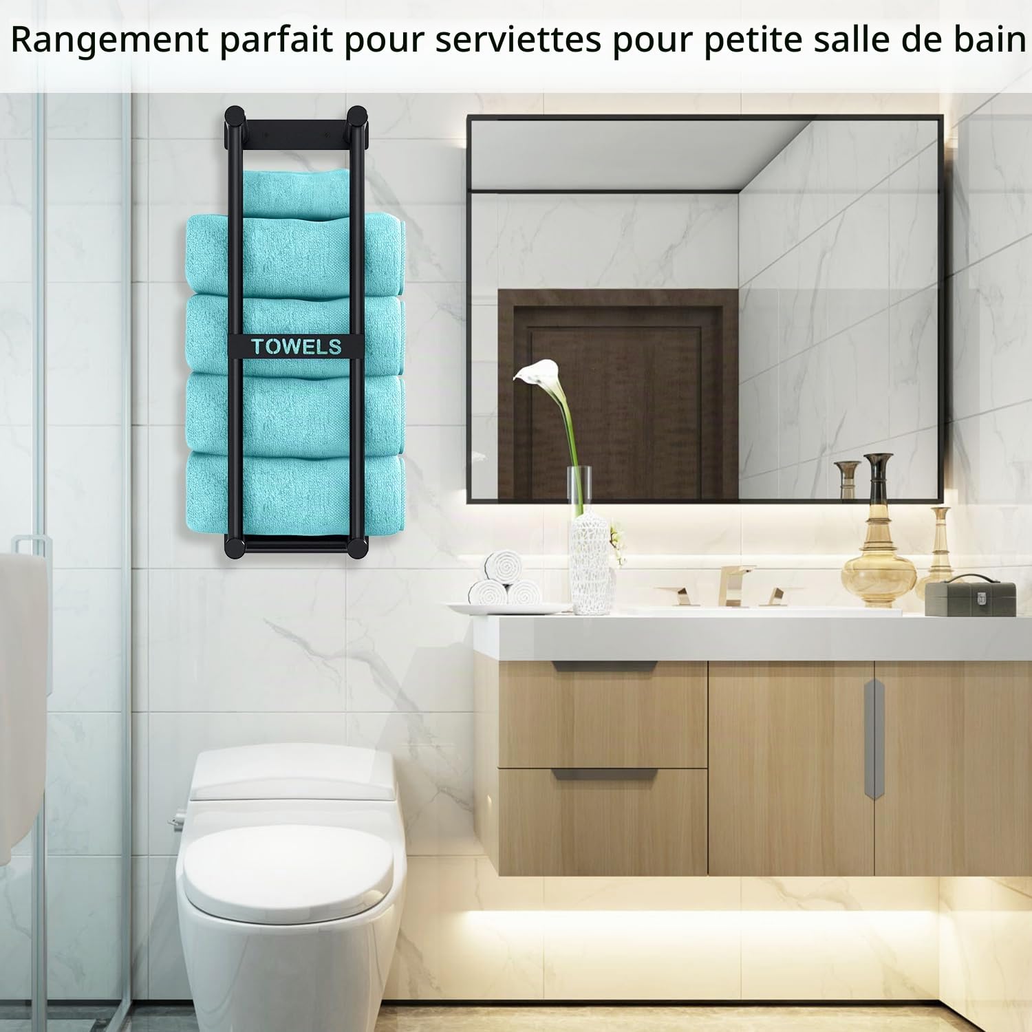 STWWO Porte Serviette Murale 56cm Noir Porte-Serviettes Salle de Bain Range Serviettes pour Serviettes Roulées Support Rangement de Bain, Métal