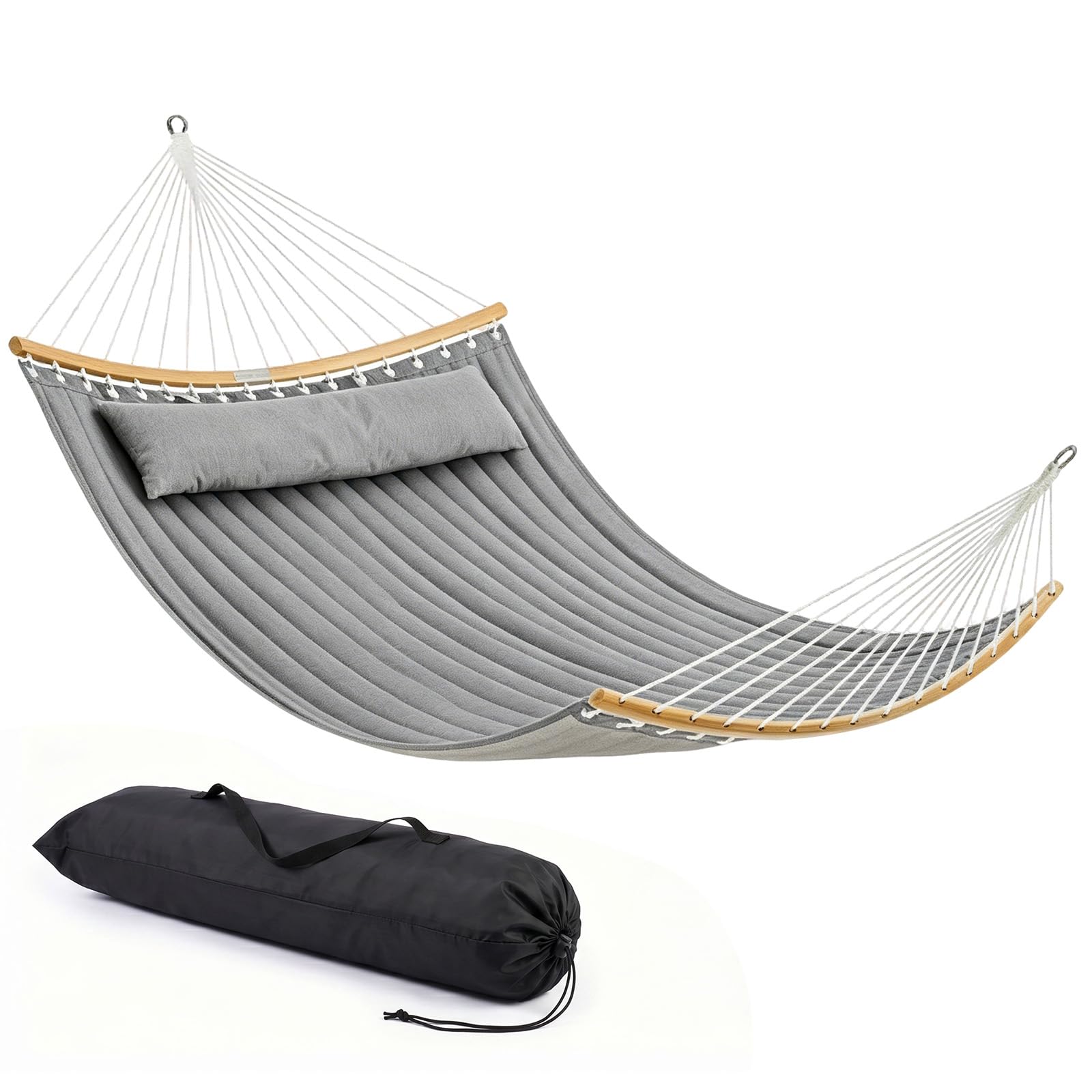 Sekey XXL Hängematte ohne Gestell für 2 Personen, 140 x 200 cm Gesteppte Doppelhängematte, bis 200 kg belastbar, inklusive Nackenkissen & Tragetasche, Stabhängematte für Garten Balkon Terrasse, Grau