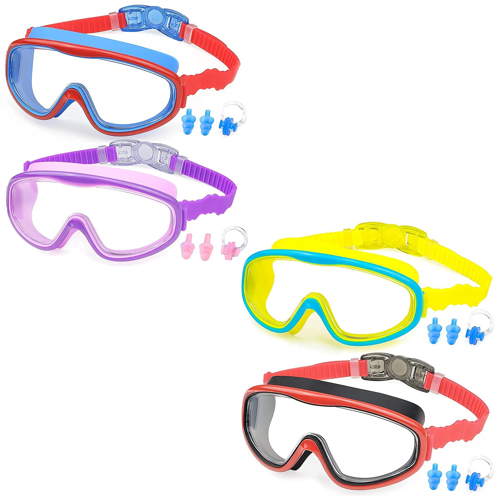 KAILIMENGSwimming Goggles for Kids - 4 Pack Kids Swim Goggles for Toddlers Youth Child Age 4 to 15, No Leaking, Large Frame, Clear & Wide View, Anti-Fog & UV Protection
