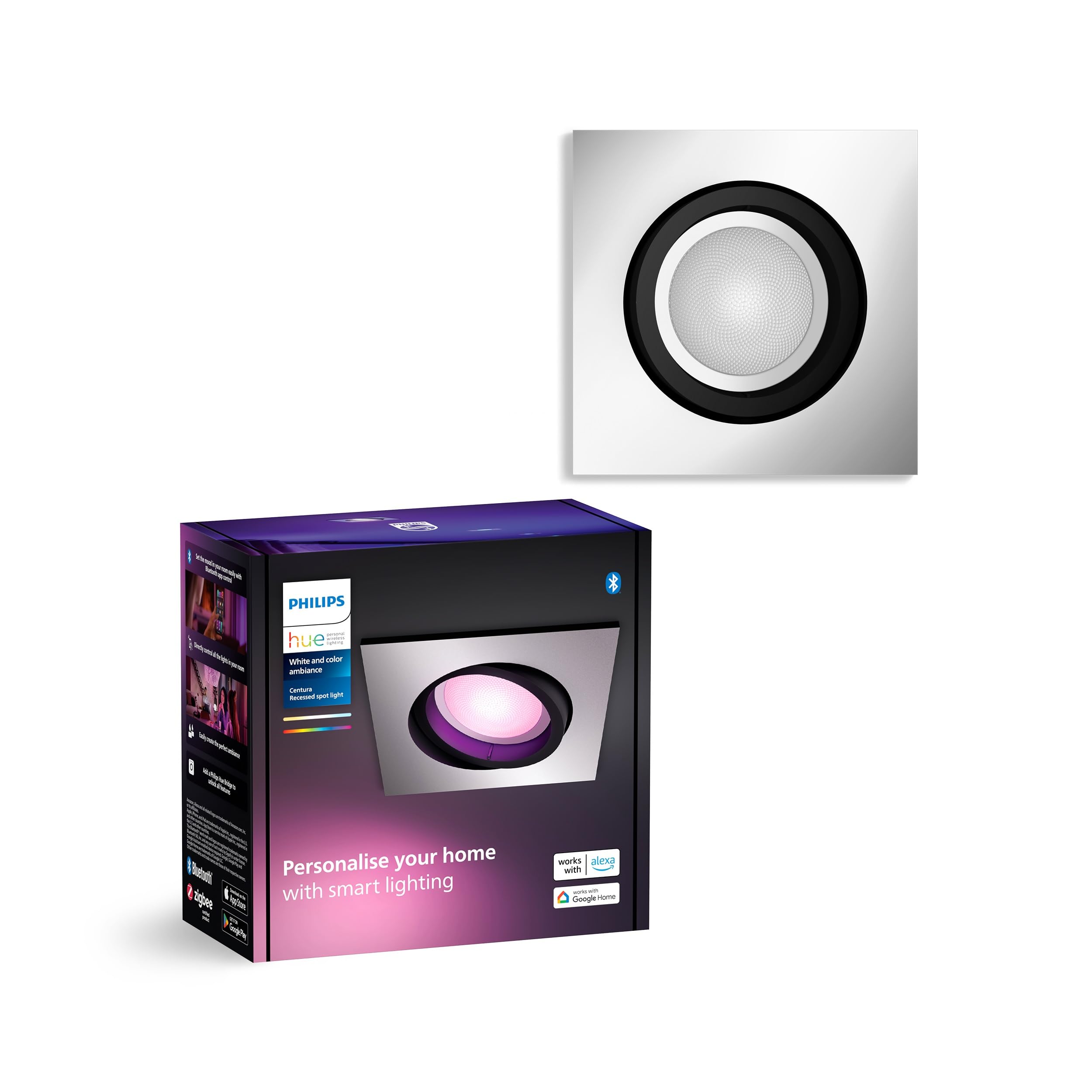 Philips Hue Aluminium White & Color Ambiance Centura Angled Downlights 1 Pack, Dimmable Ceiling Lights For The Hue System With 16 Million Colours, Intelligent Light Control Via Voice And App,