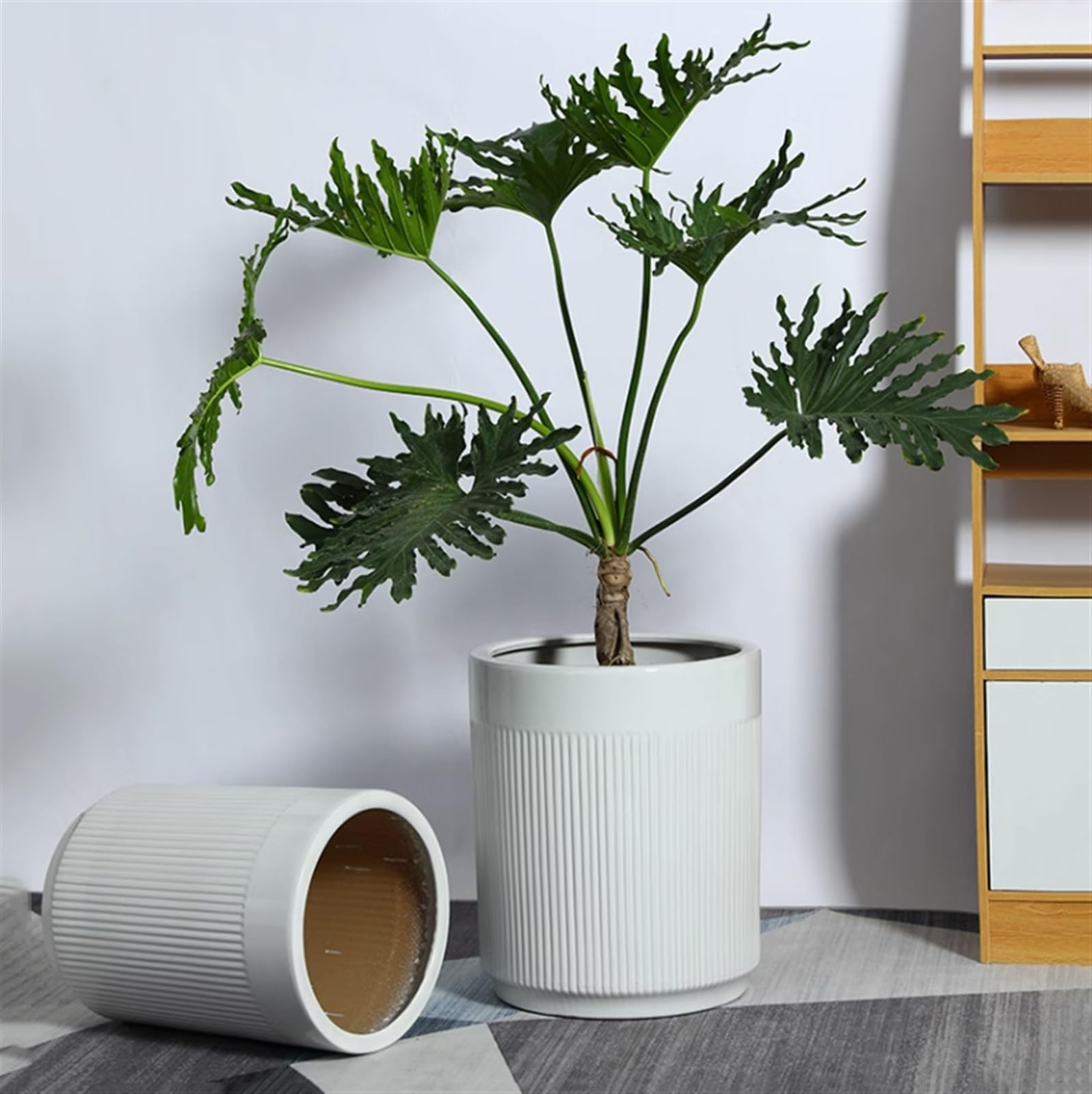 Doniczki na kwiaty Doniczki Białe ceramiczne proste linie Kwiatowy wzór Doniczki na rośliny Salon Balkon Rodzaj podłogi w domu Rośliny zielone Duże donice Doniczka (Size : M)